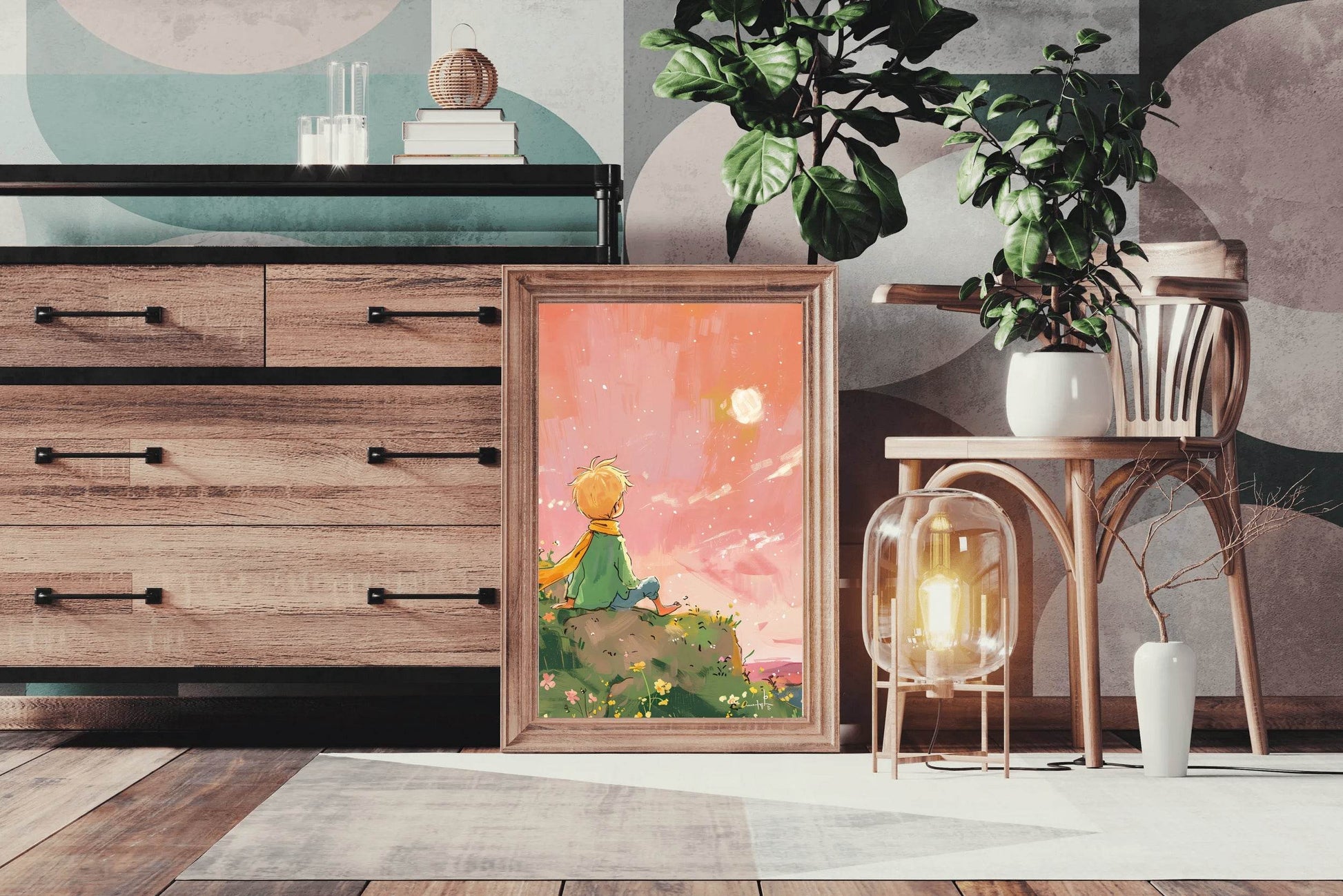 Cartoonish Painting of Little Boy Watching Sun - beink online art store