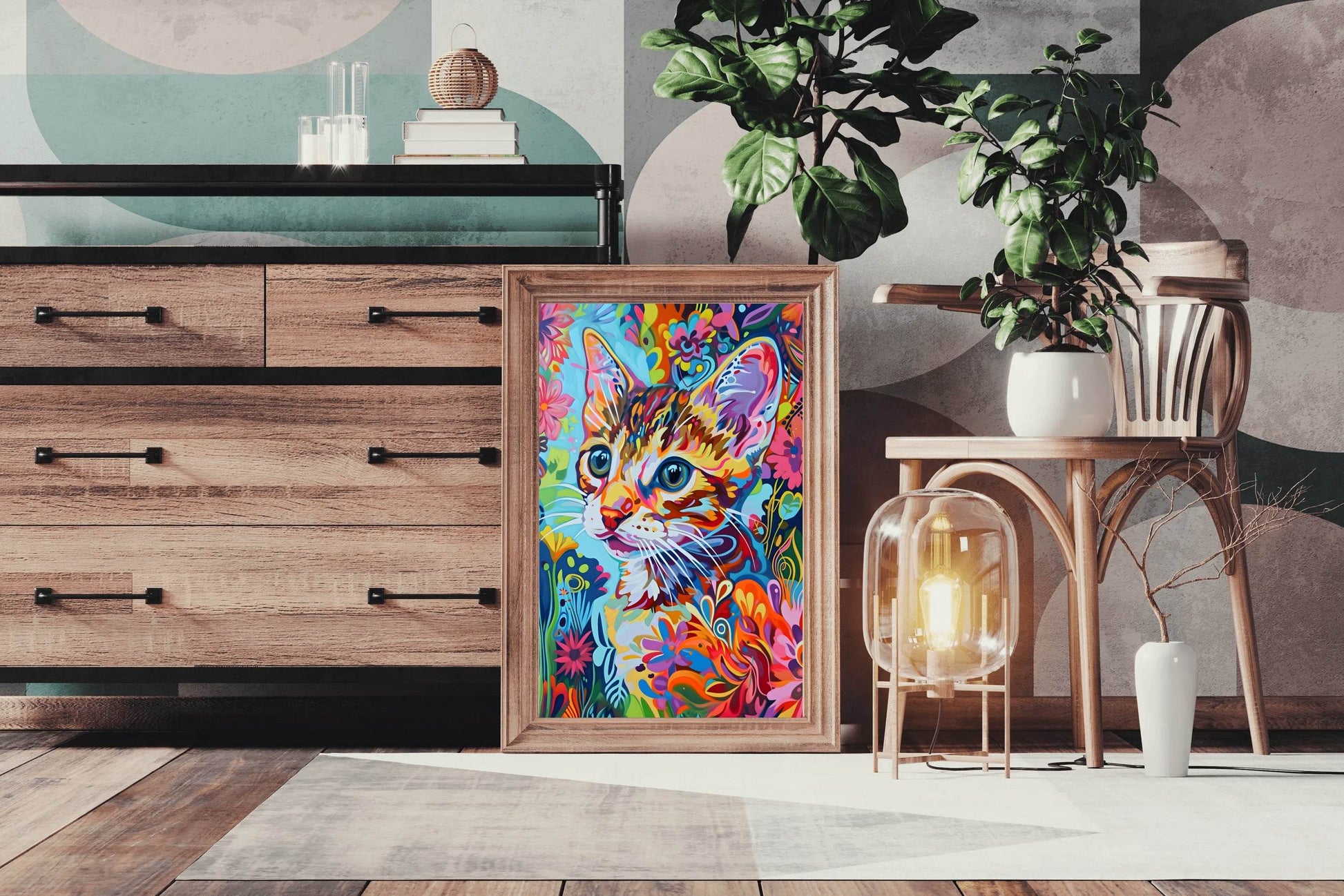 Painting of a Cat with Bright Colors Wall Art - beink online art store