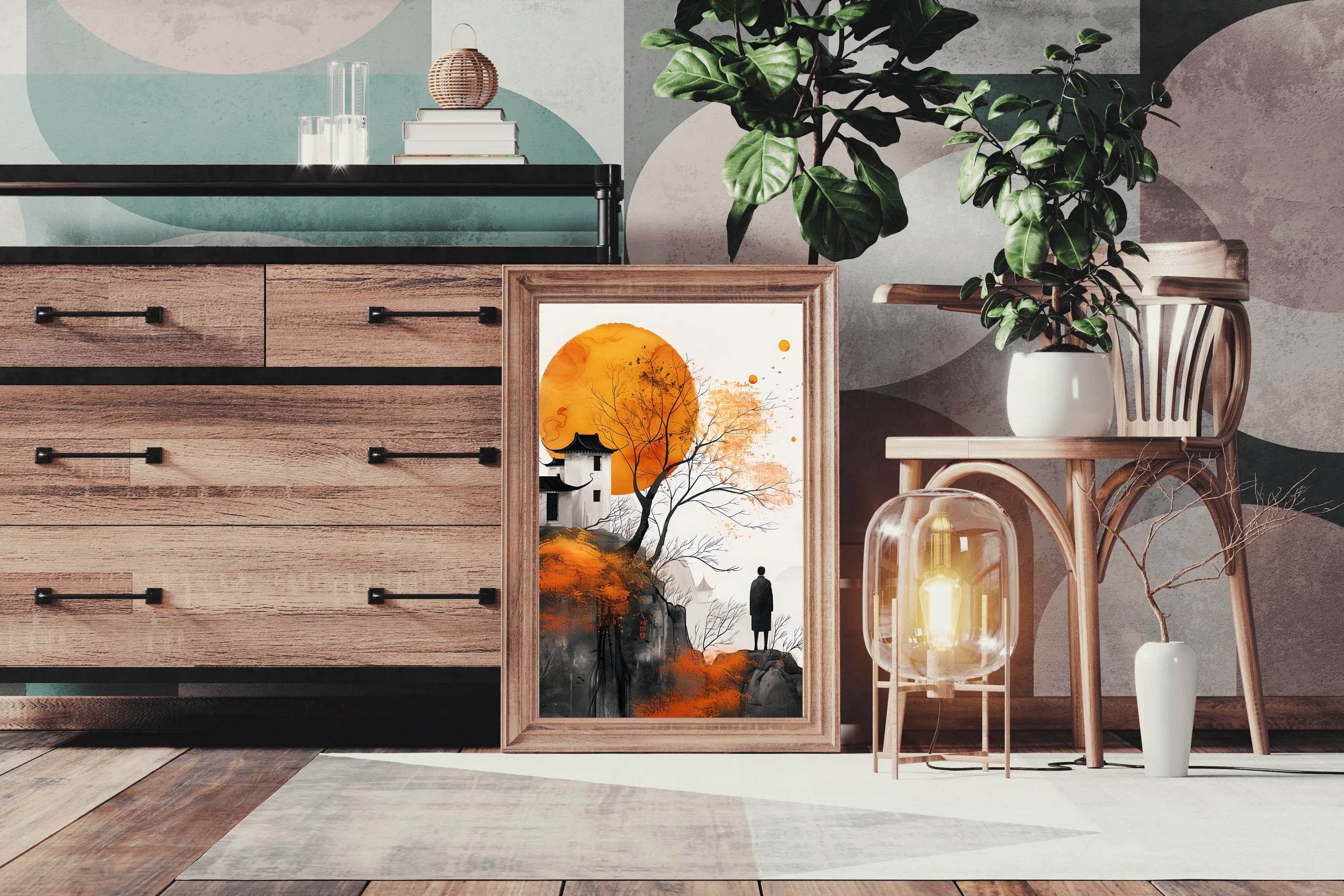 Orange Moon and Ancient House Wall Art - beink online art store