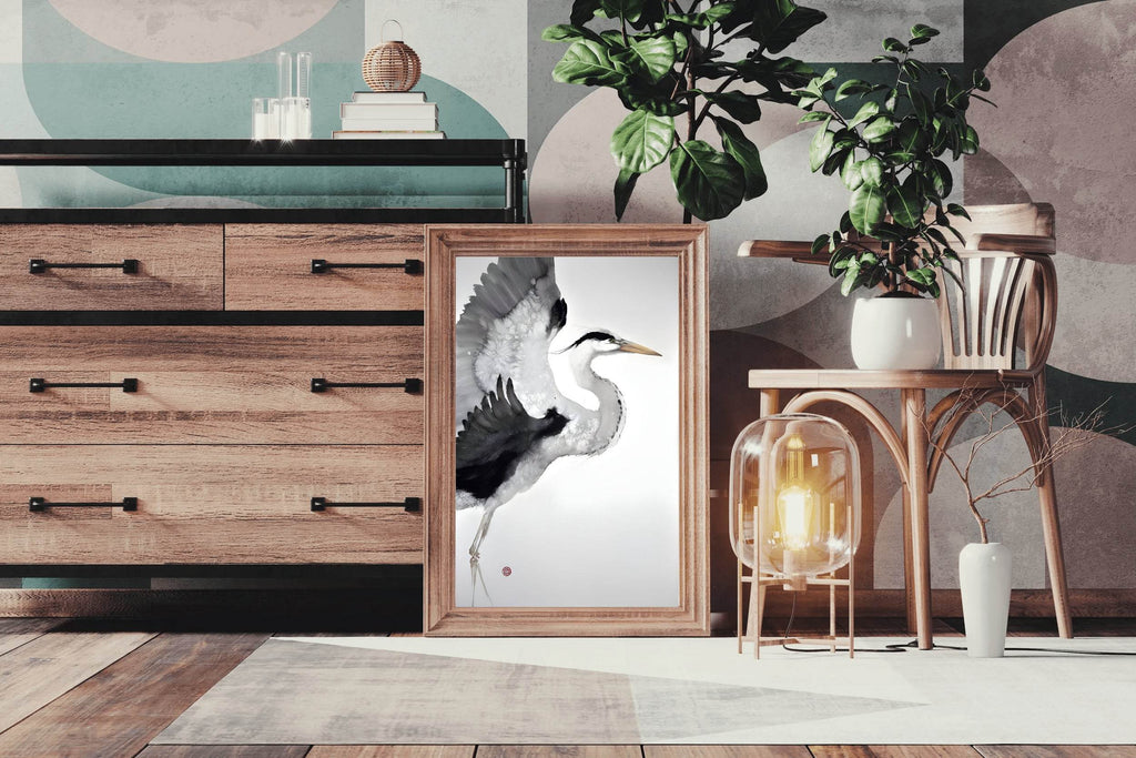 Watercolor Painting of Grey Heron Modern Art - beink online art store