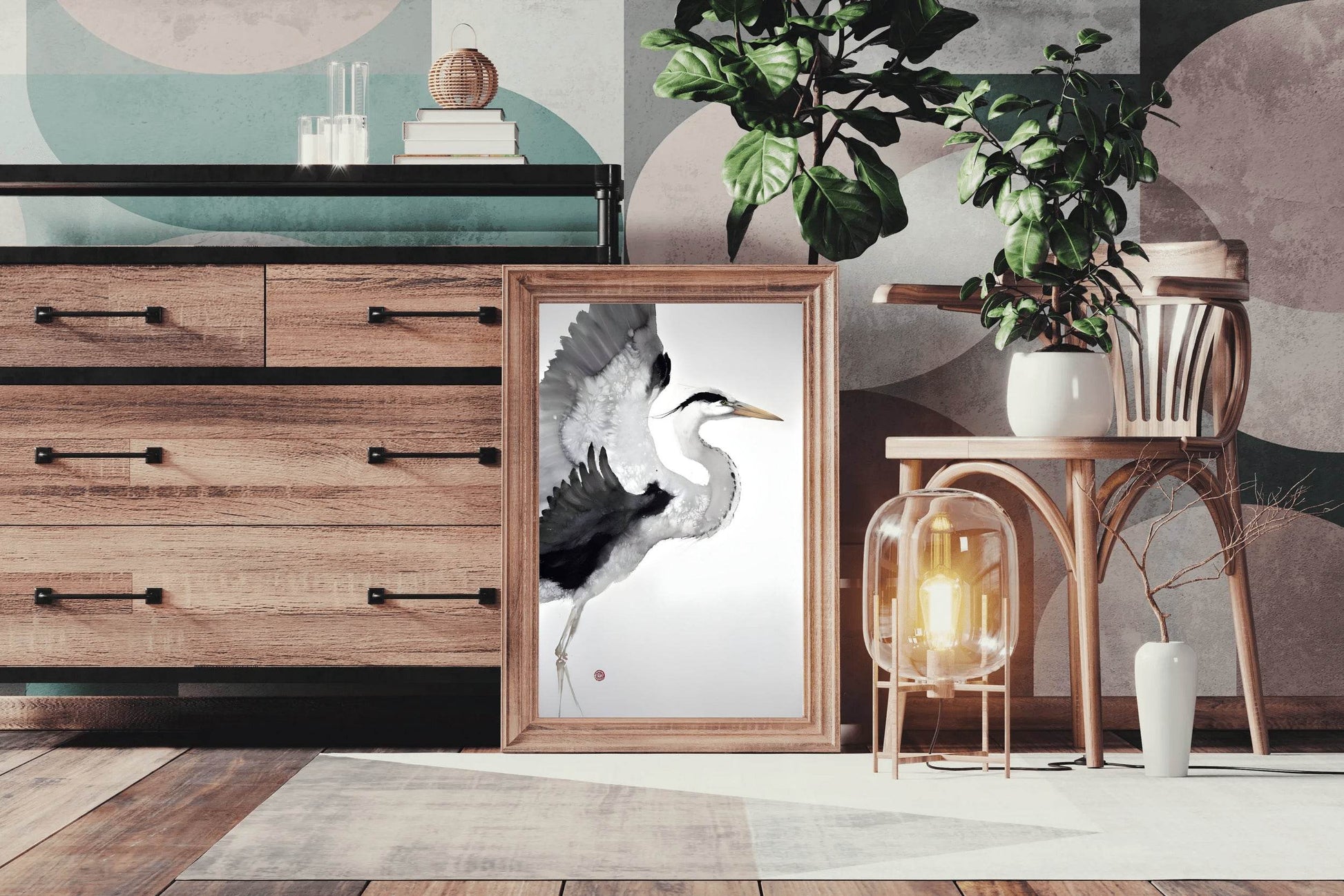 Watercolor Painting of Grey Heron Modern Art - beink online art store