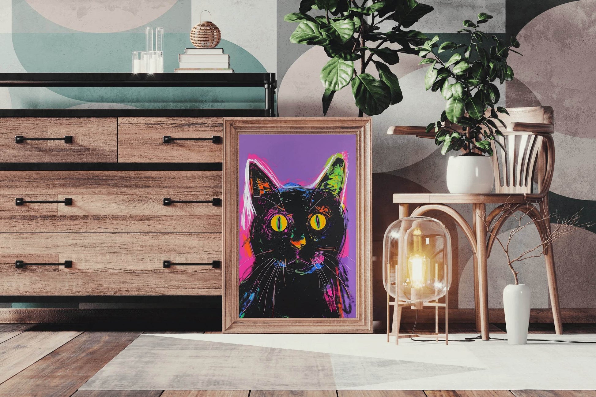 Painting of Black Cat With Pink Background - beink online art store