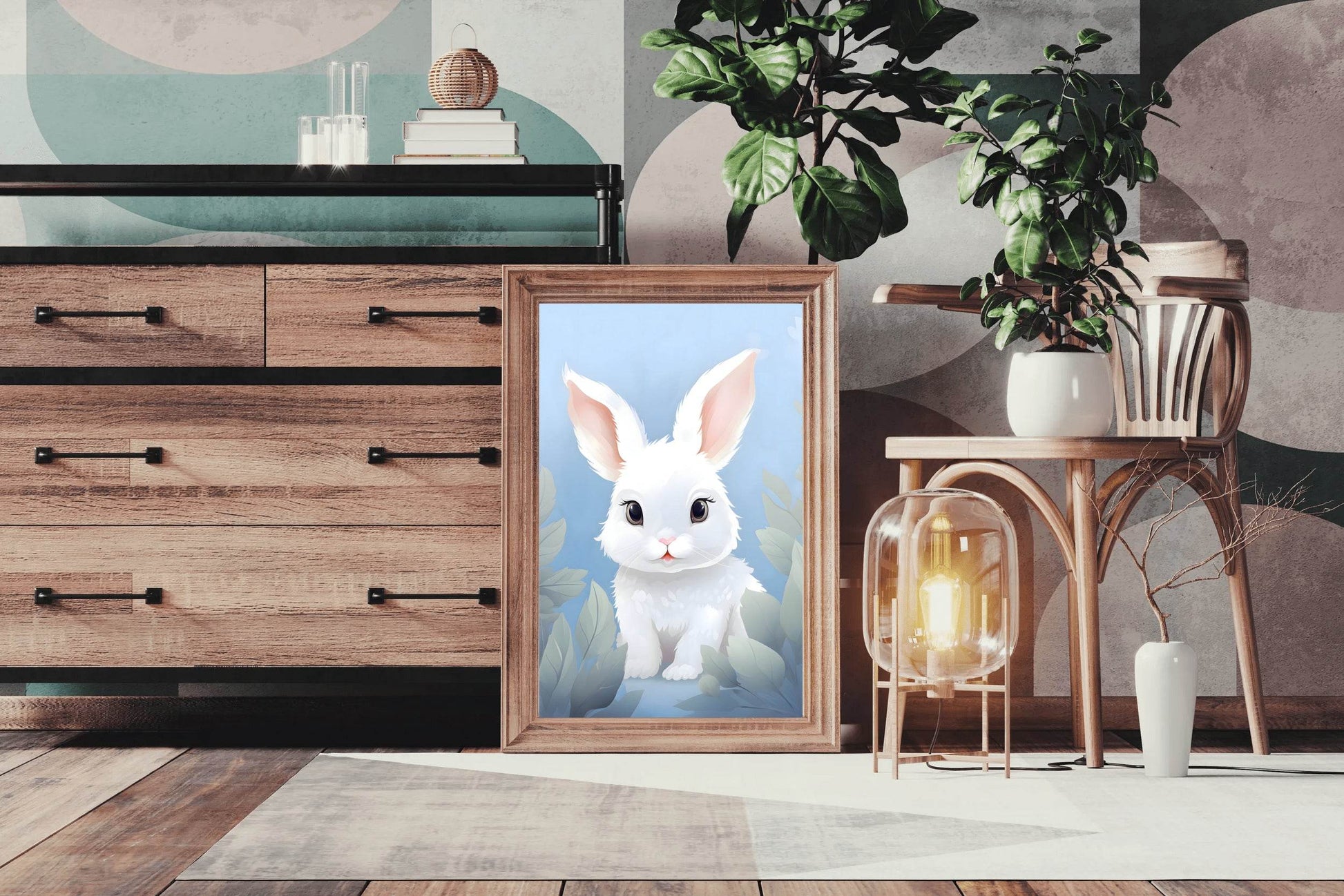 Cute Whit Little Cartoon Bunny Watercolor Painting - beink online art store