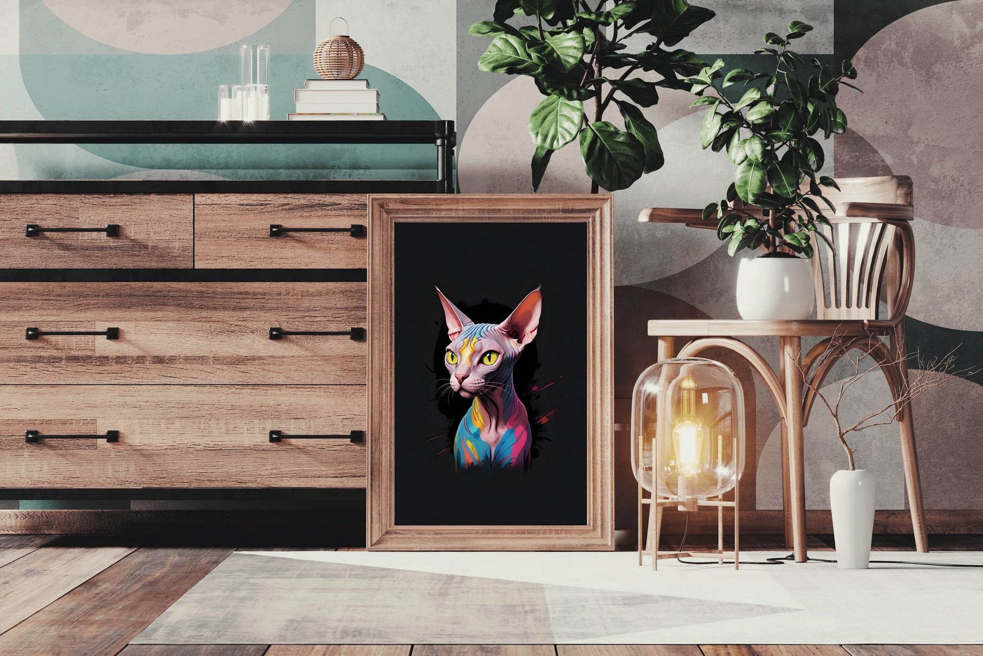 Painting of Colorful Sphynx Cat Animal Wall Art - beink online art store