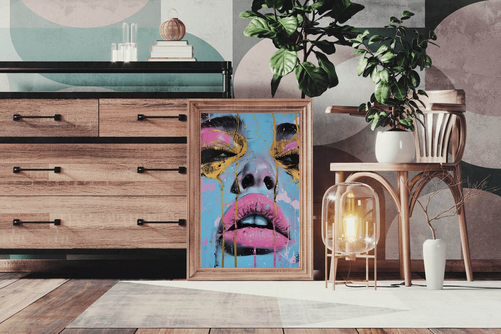 Painting of a Woman with a Tear Drop on her Face with Pink and Gold Wall Art - beink online art store