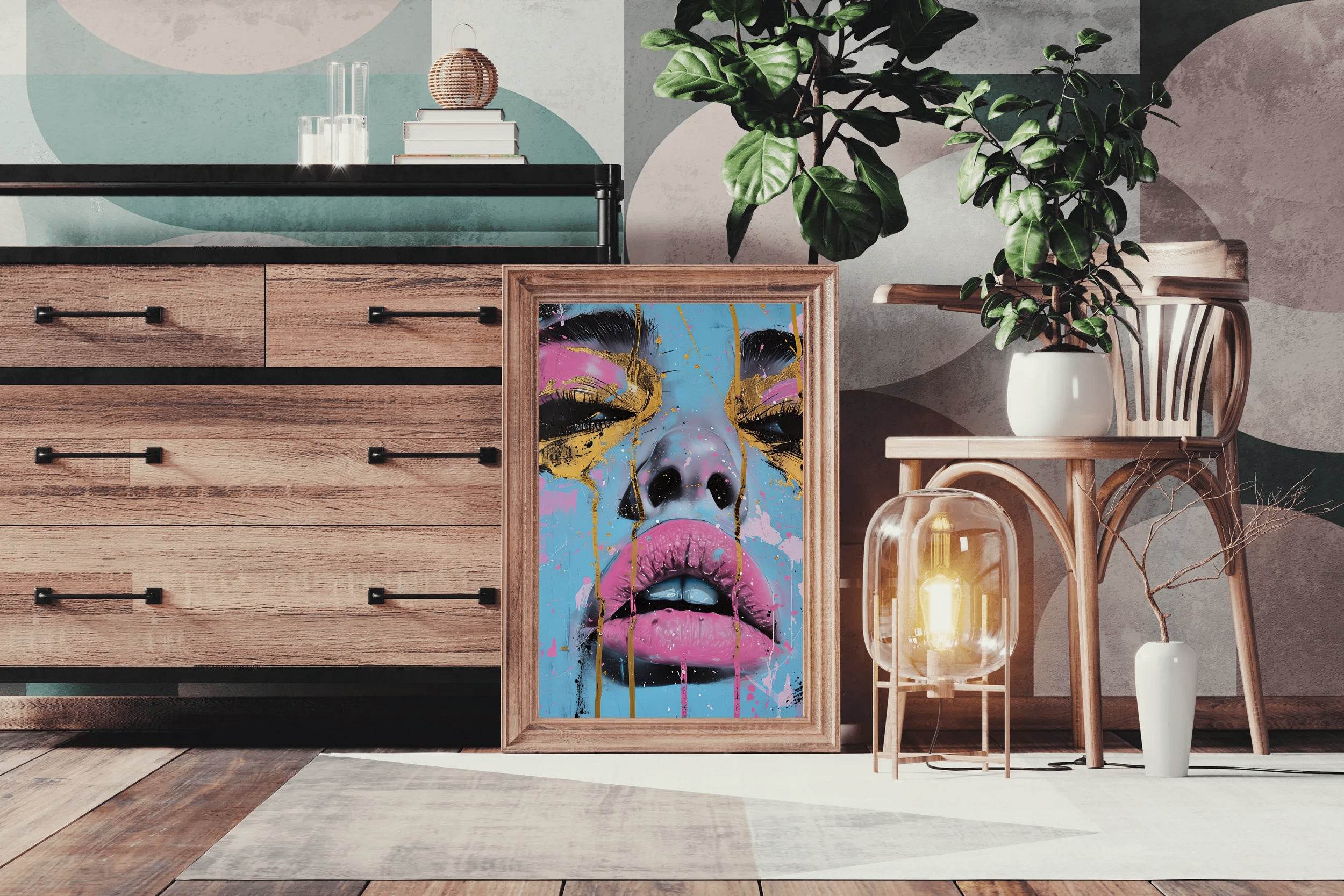 Painting of a Woman with a Tear Drop on her Face with Pink and Gold Wall Art - beink online art store