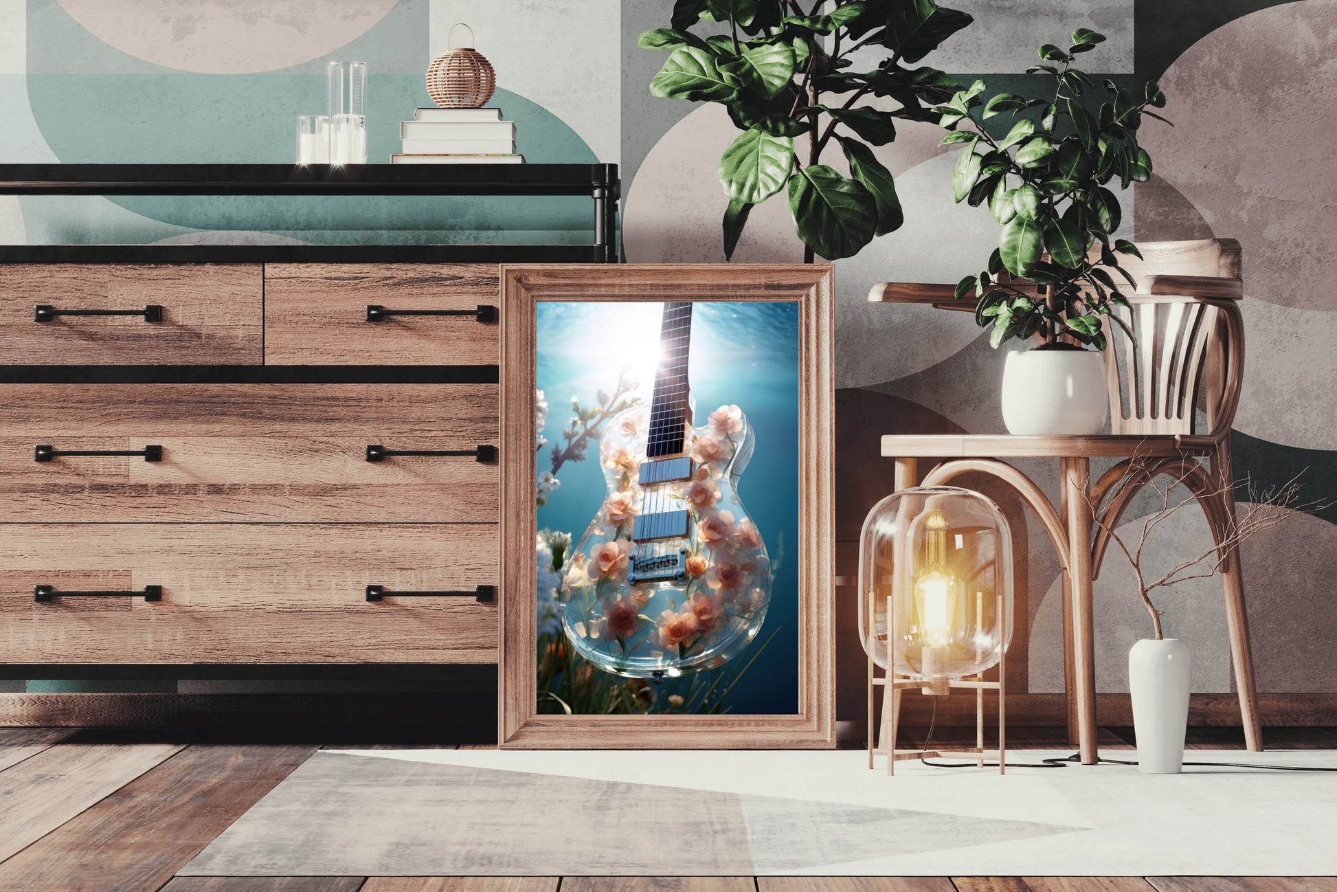 Glass Guitar With Flower Design Wall Art - beink online art store