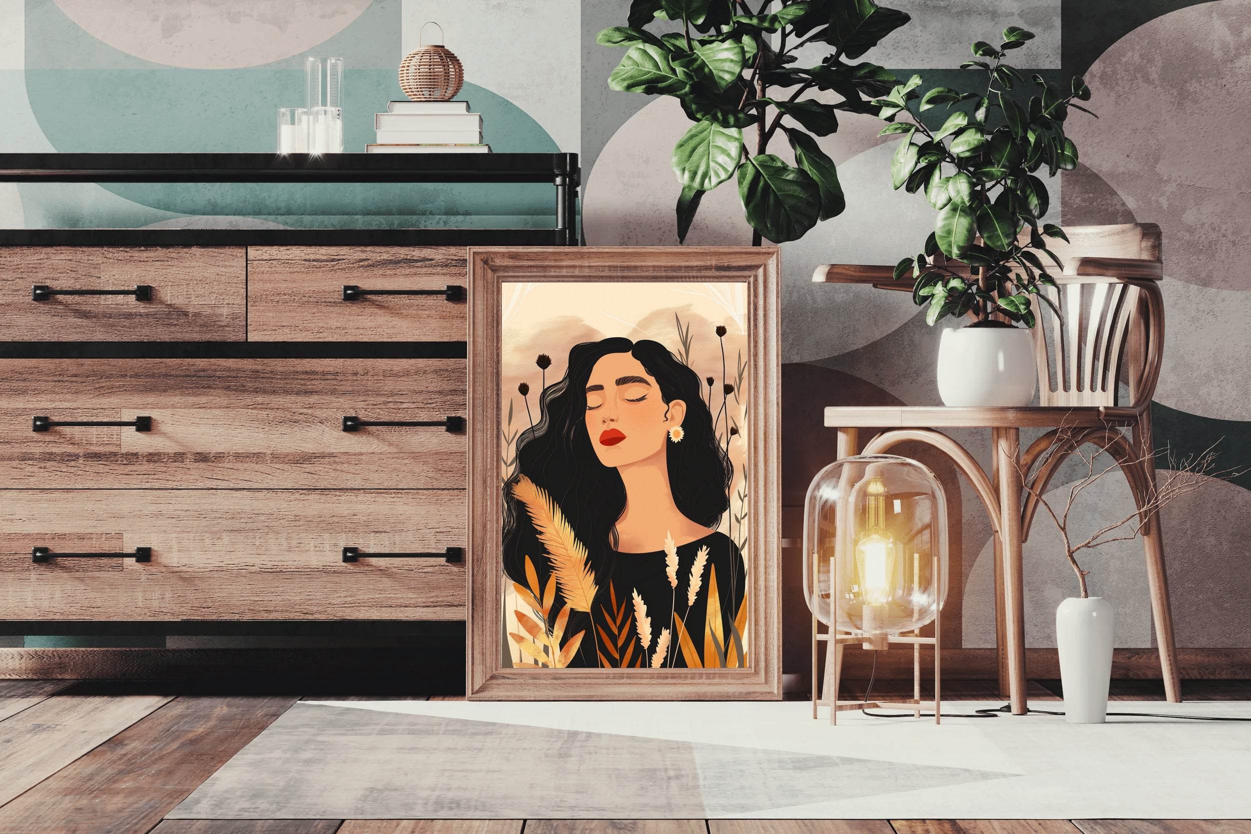 Woman with Curly Hair on Simple Background ArtWork - beink online art store