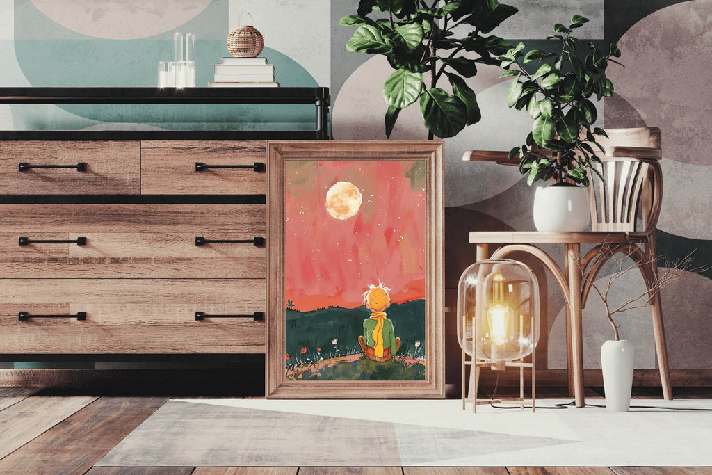 Brushed Illustration of a Boy Watching the Moon - beink online art store