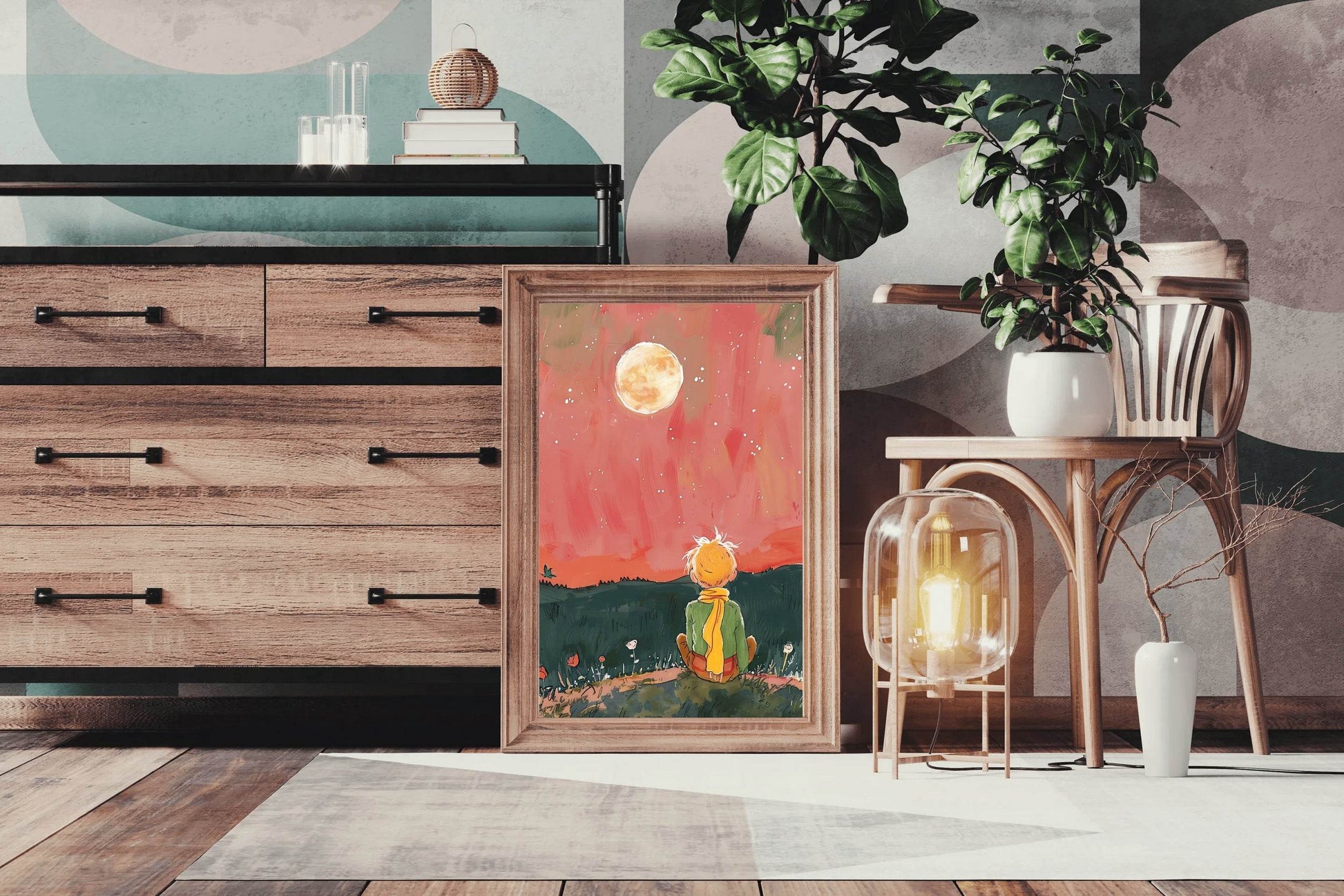 Brushed Illustration of a Boy Watching the Moon - beink online art store