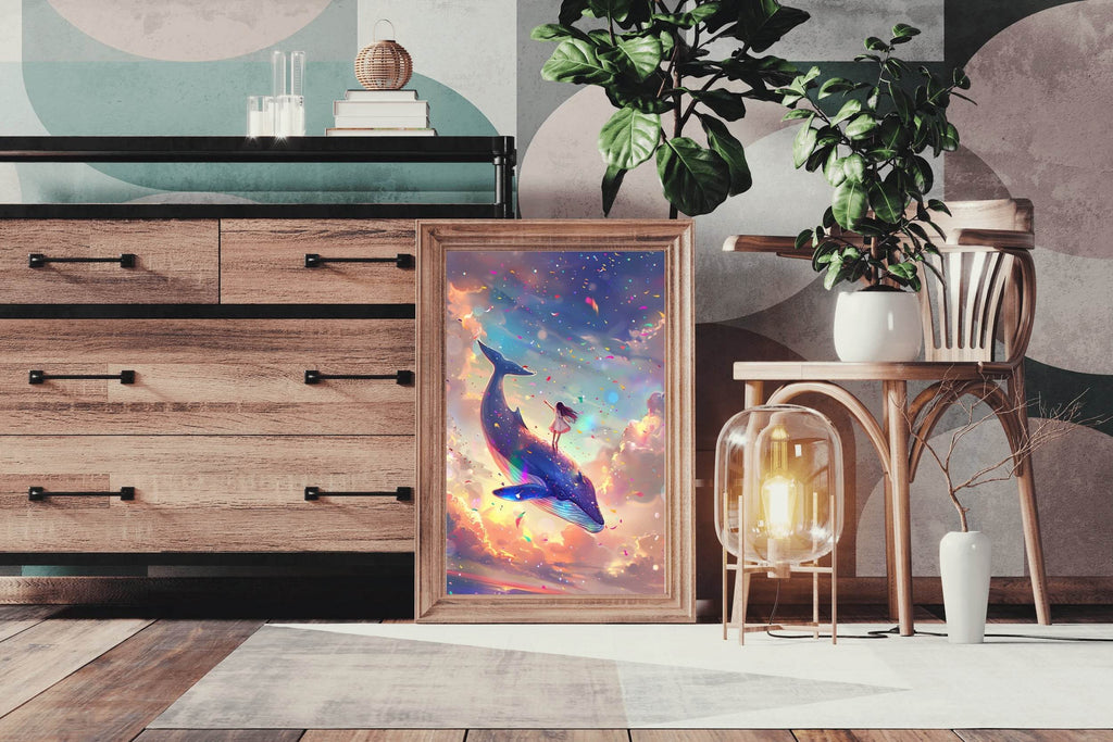 Illustration of a Girl Riding Colorful Whale - beink online art store