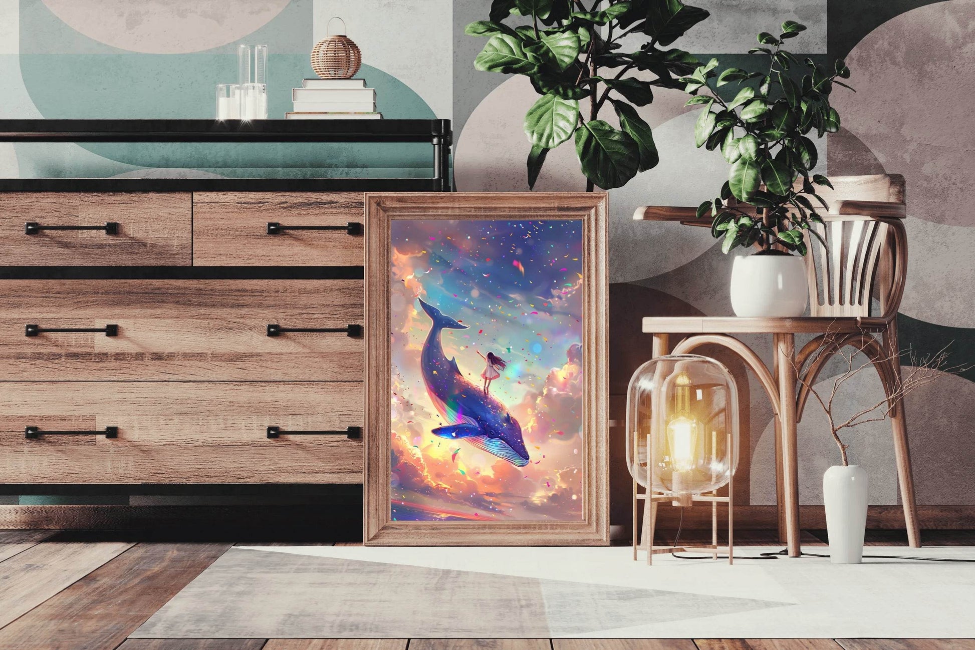 Illustration of a Girl Riding Colorful Whale - beink online art store