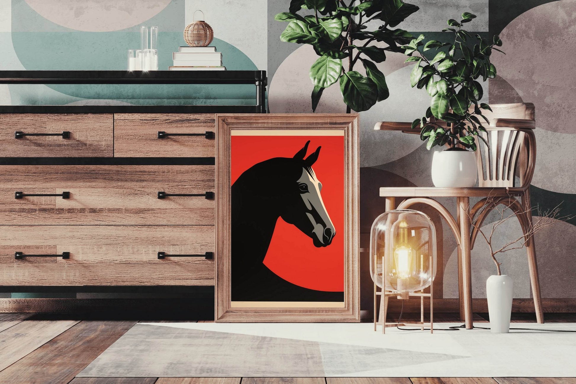 Black Horse Painted Drawing With Red Background - beink online art store