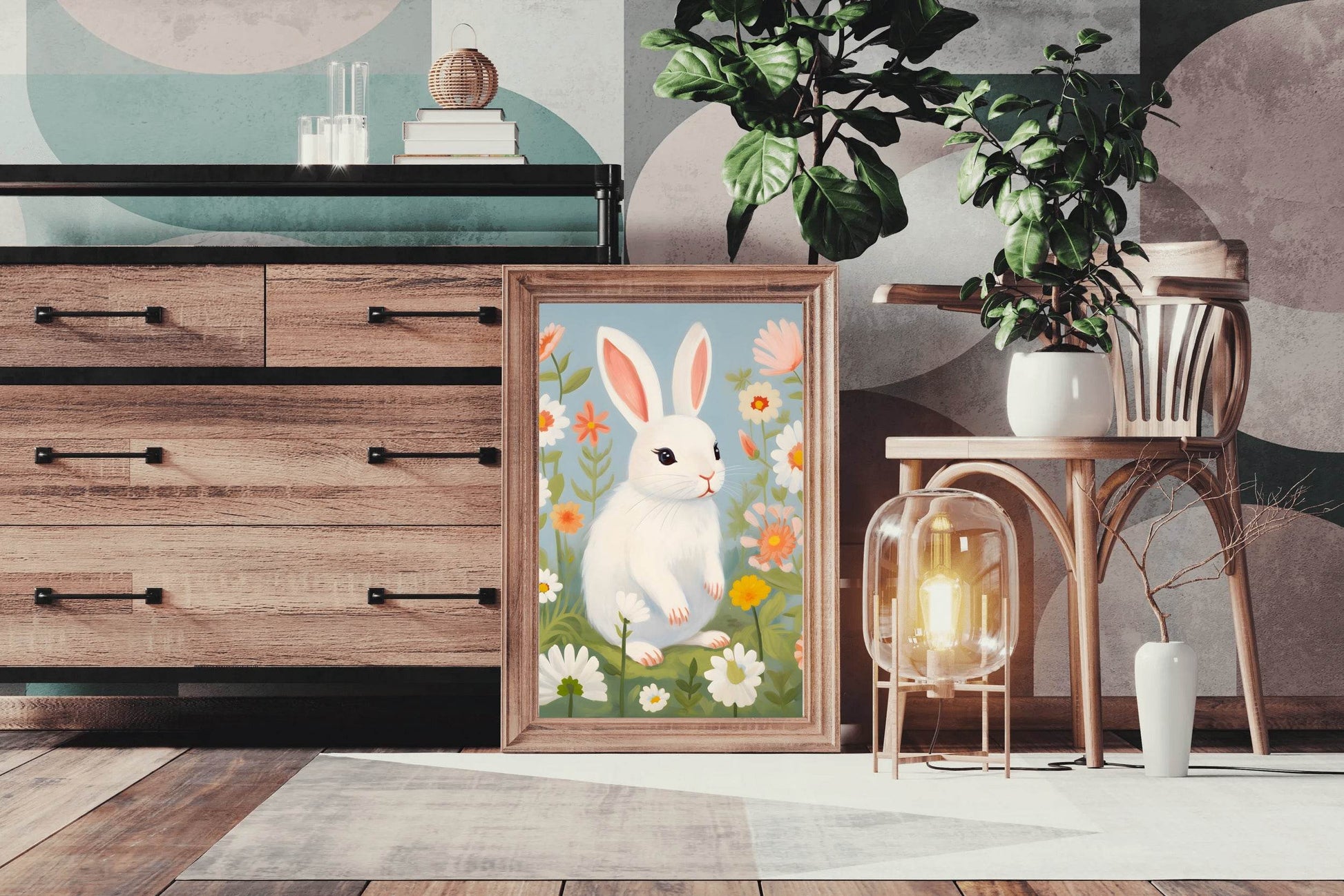 White Bunny Sitting Among Flowers - beink online art store
