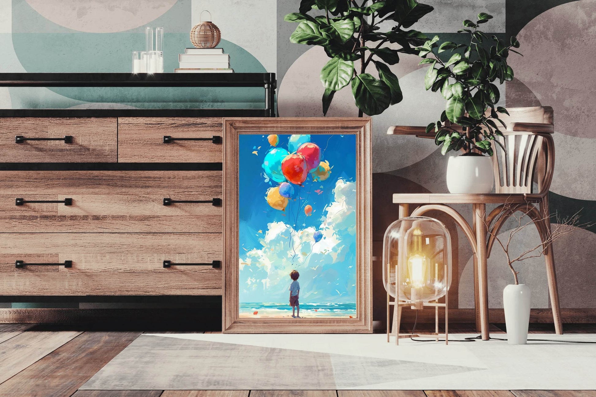 Painting of a Boy Standing Near Sea With Balloons - beink online art store