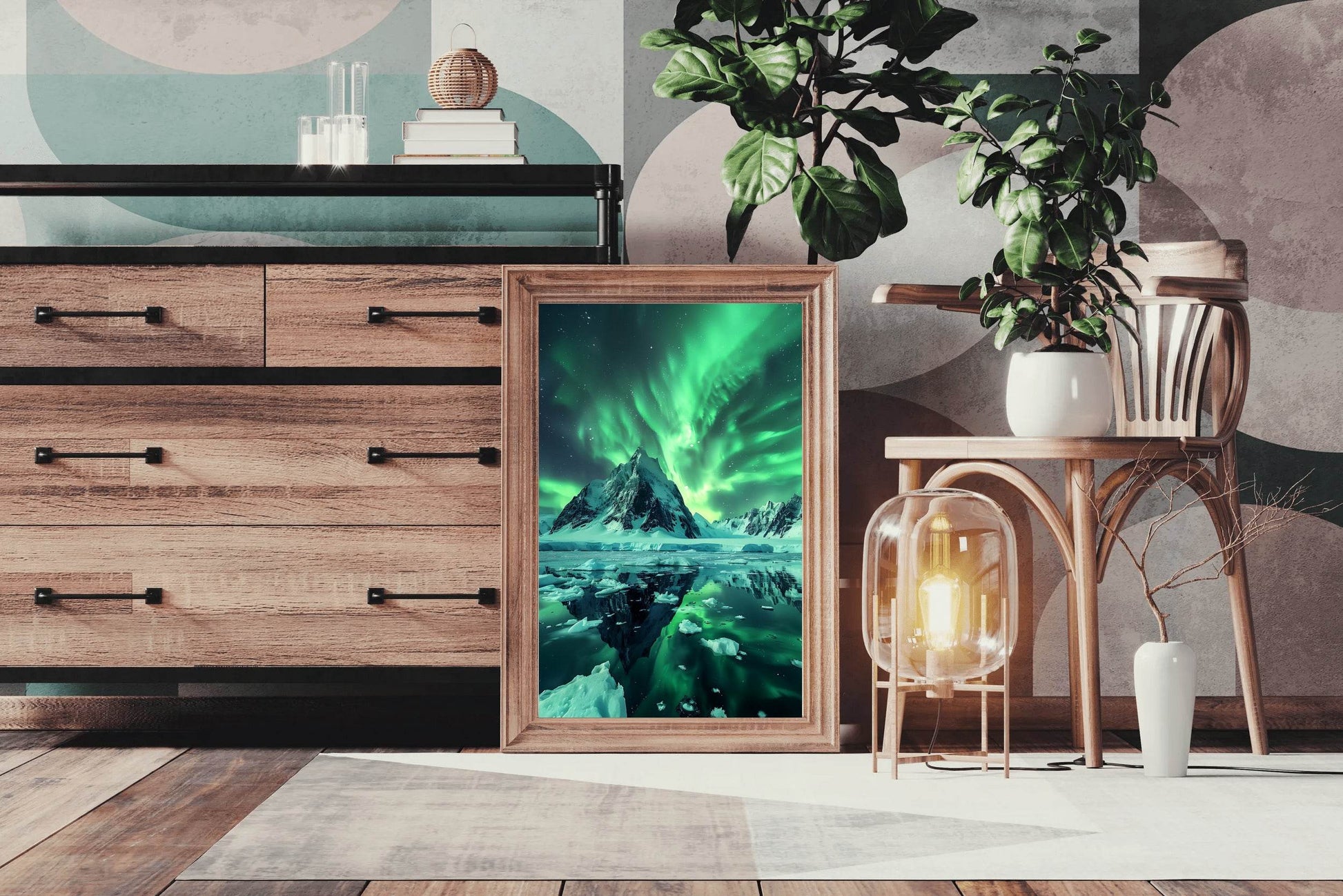 Green Northern lights with view ocean - beink online art store