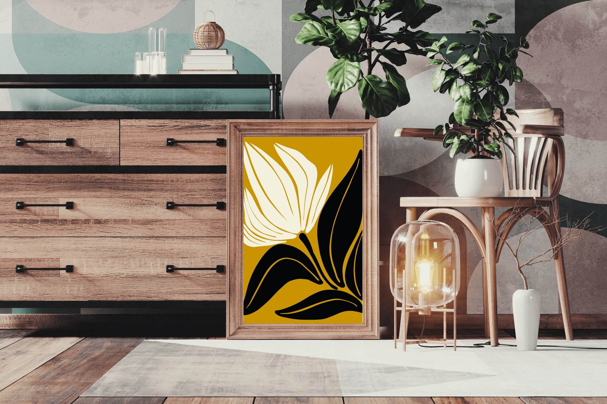 Stylized Flower Black and White on Gold ArtWork - beink online art store