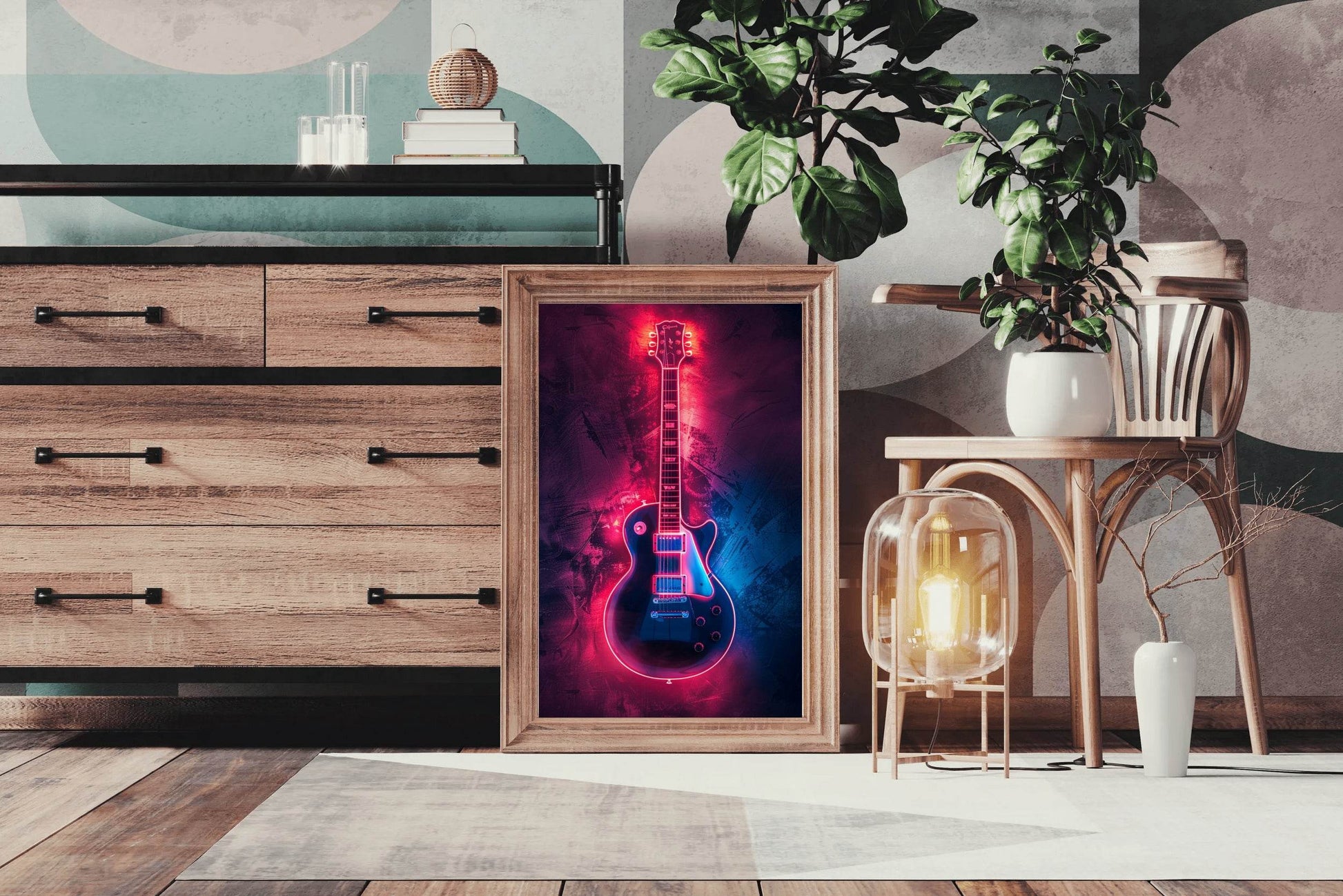 Electric Guitar With Neon Light Wall Art - beink online art store