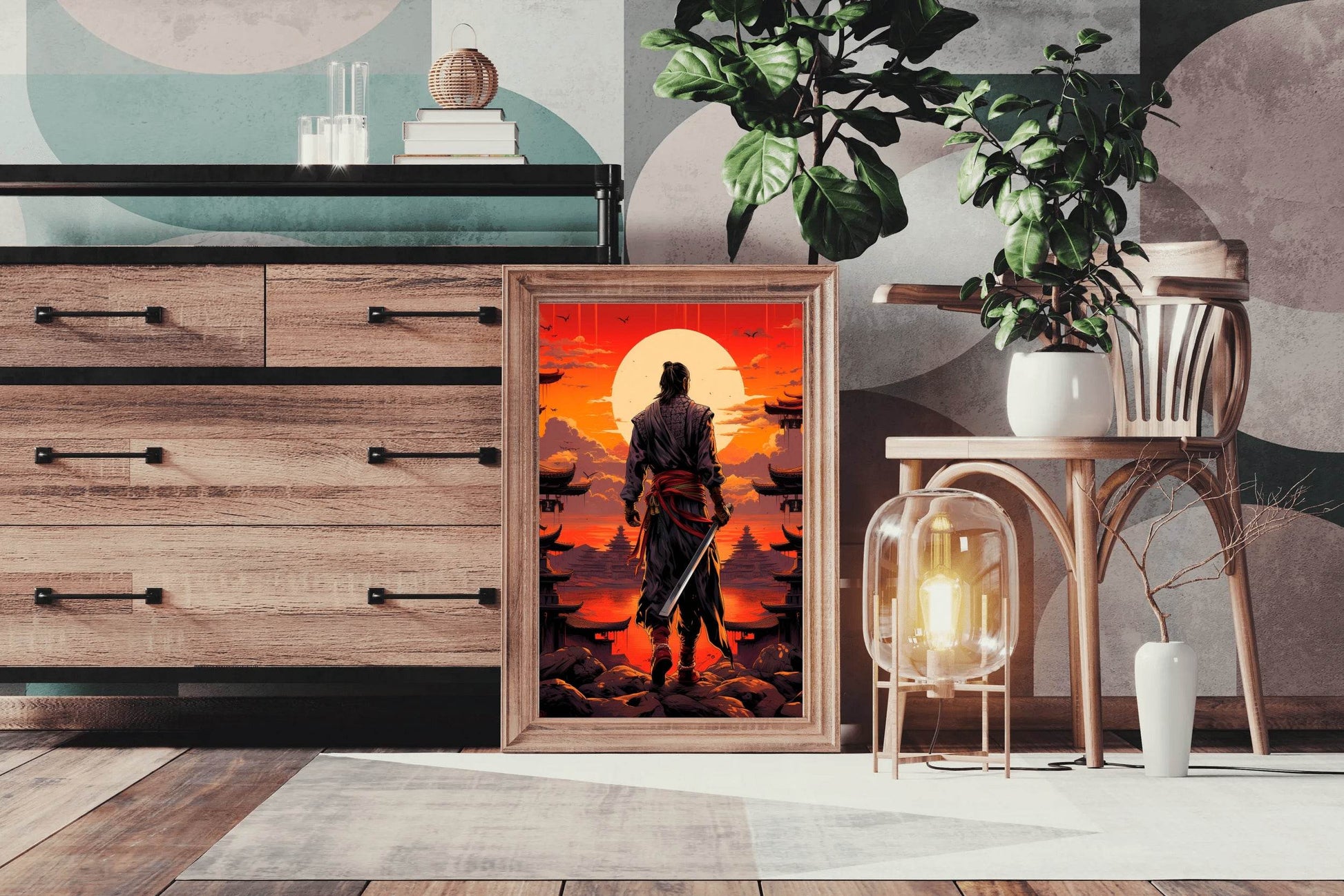 Sunset Style Portrait of Traditional Japanese's Samurai Character Anime Wall Art - beink online art store
