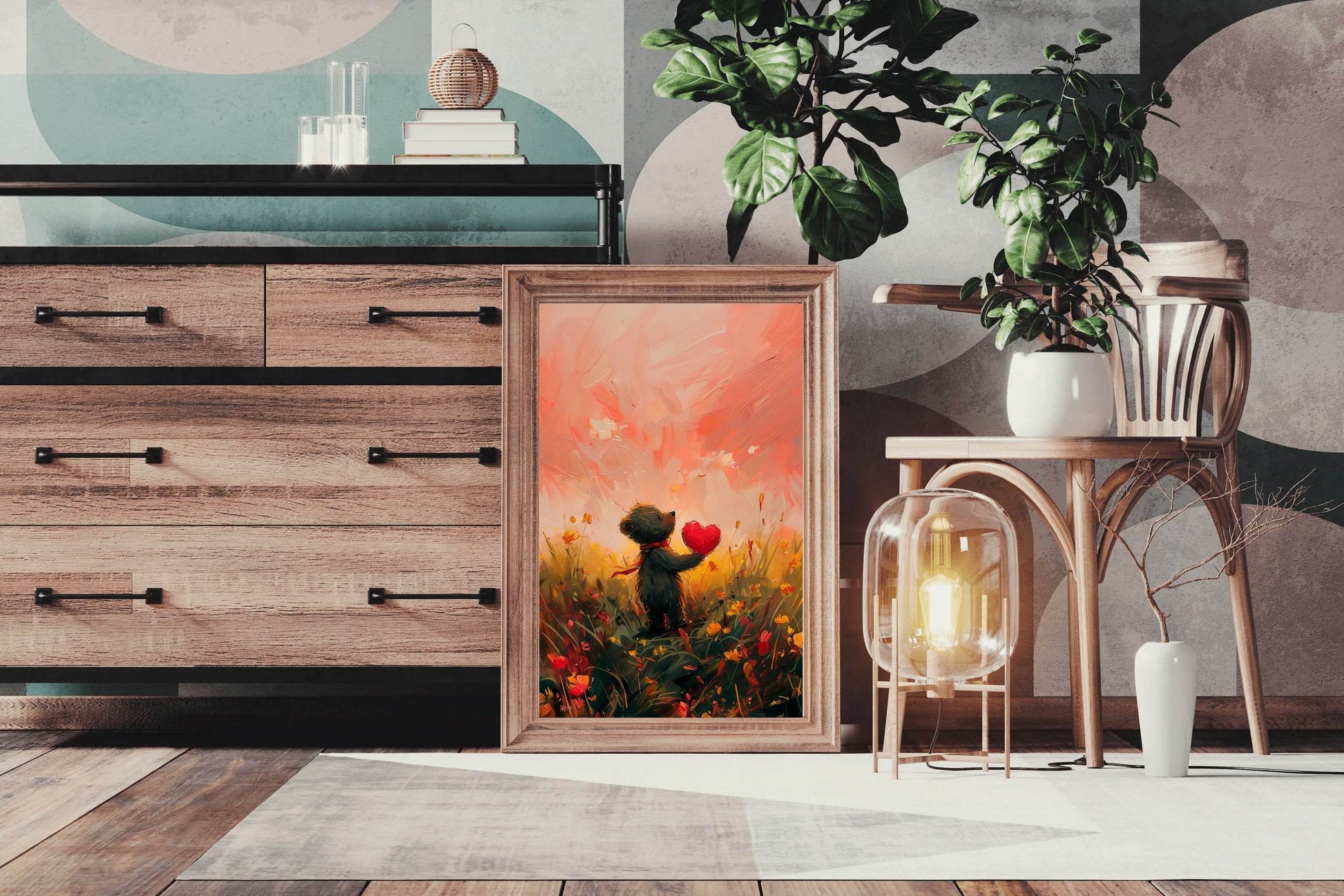 Painting of Bear Holding Red Heart - beink online art store