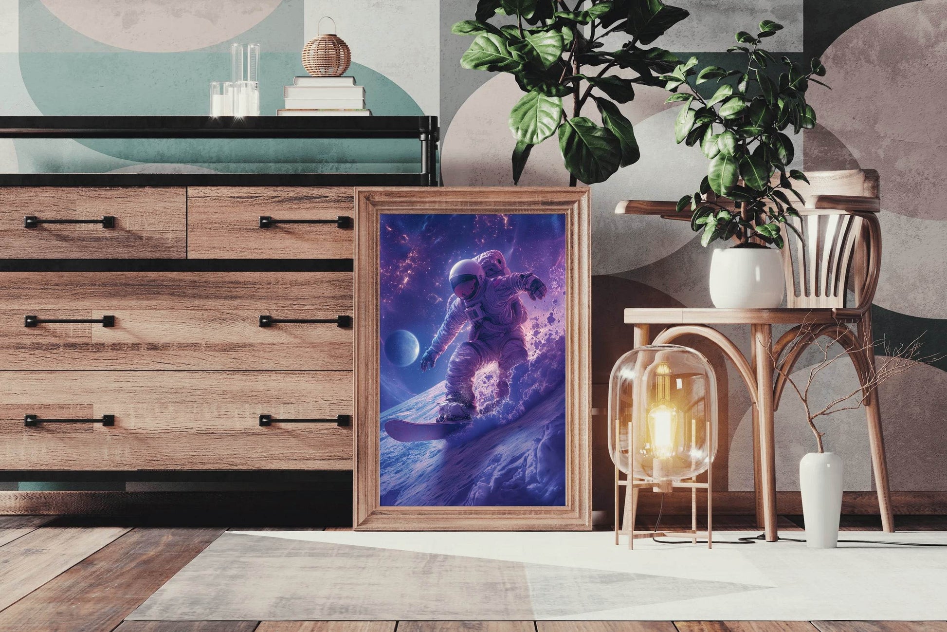 Astronaut with spacesuit on practicing snowboarding on the moon Wall Art - beink online art store