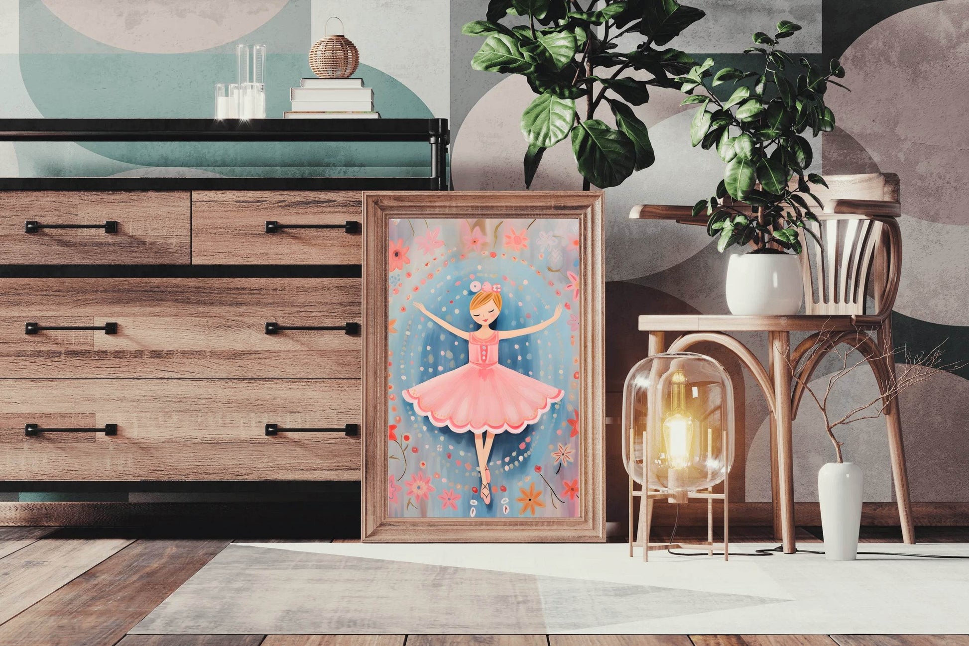 Drawing of Little Girl Dancing in Pink Dress - beink online art store
