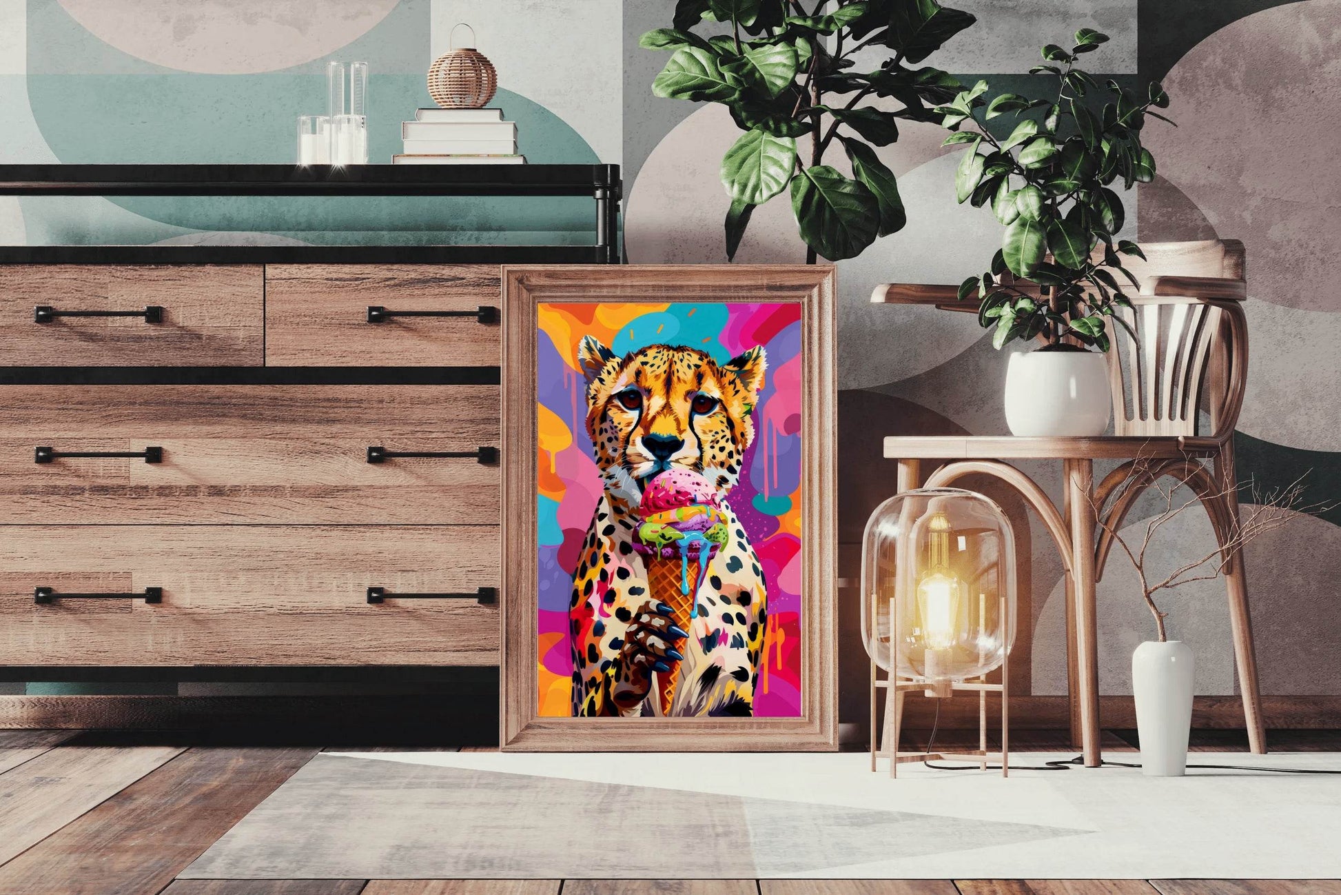 Cheetah's Colorful Background Having Ice cream Wall Art - beink online art store