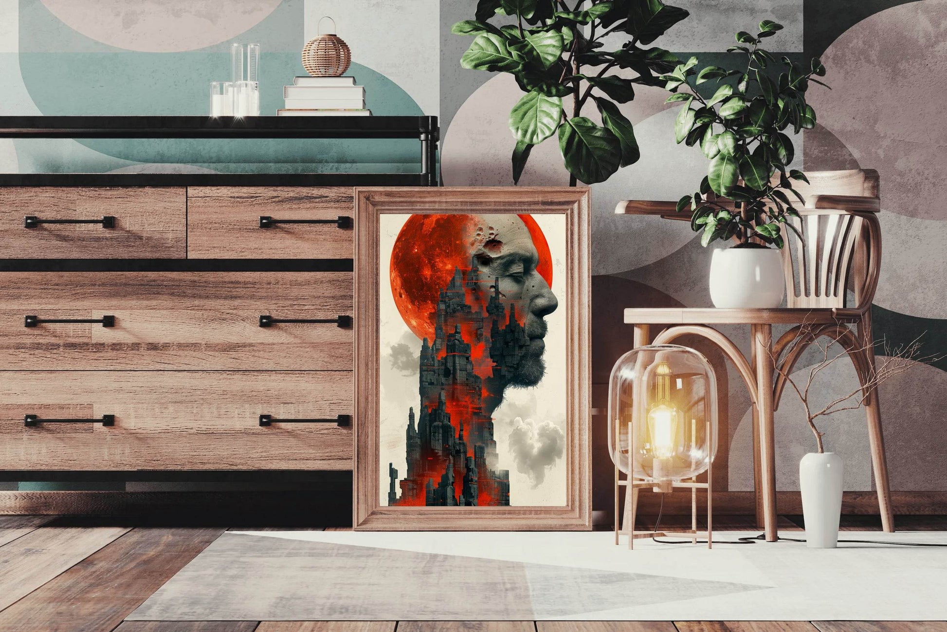 Gothic Cityscape With Face and Red Moon Digital Art - beink online art store