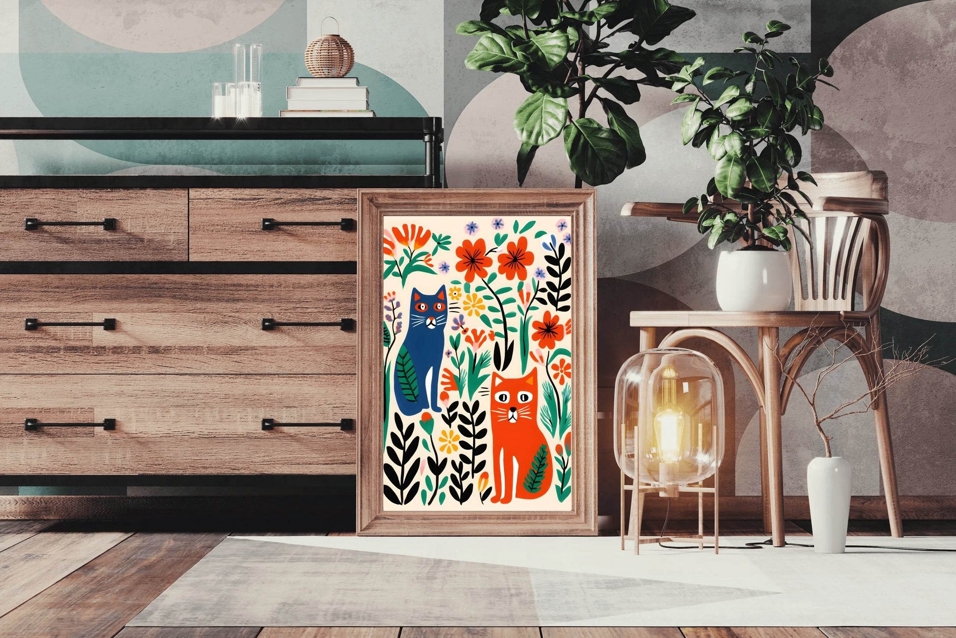 Painting Colored Cats Among Flowers Art - beink online art store