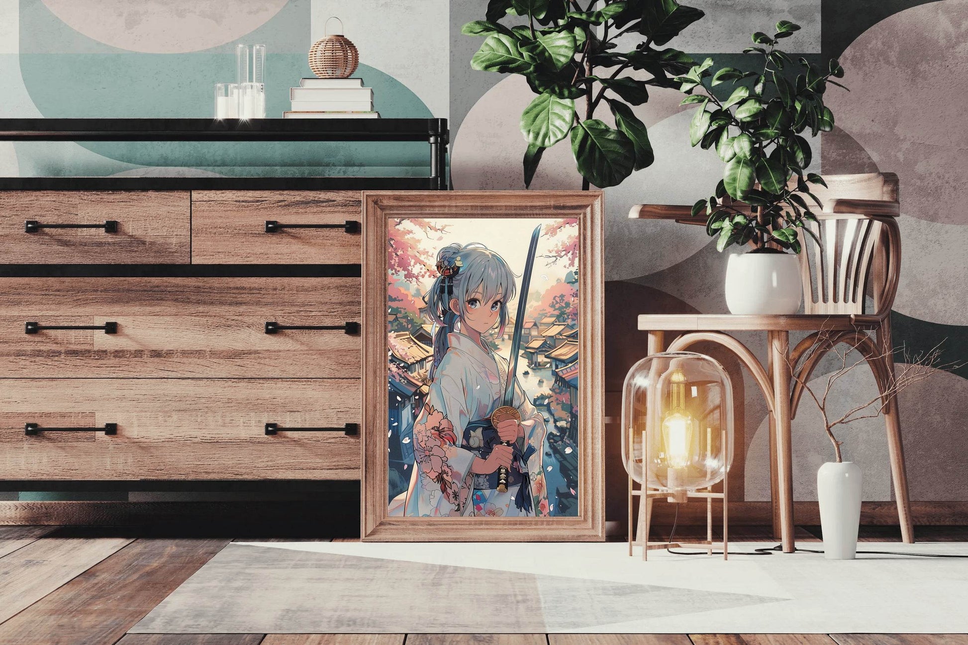 Girl Wearing Kimono Japanese Traditional in Garden Anime Wall Art - beink online art store