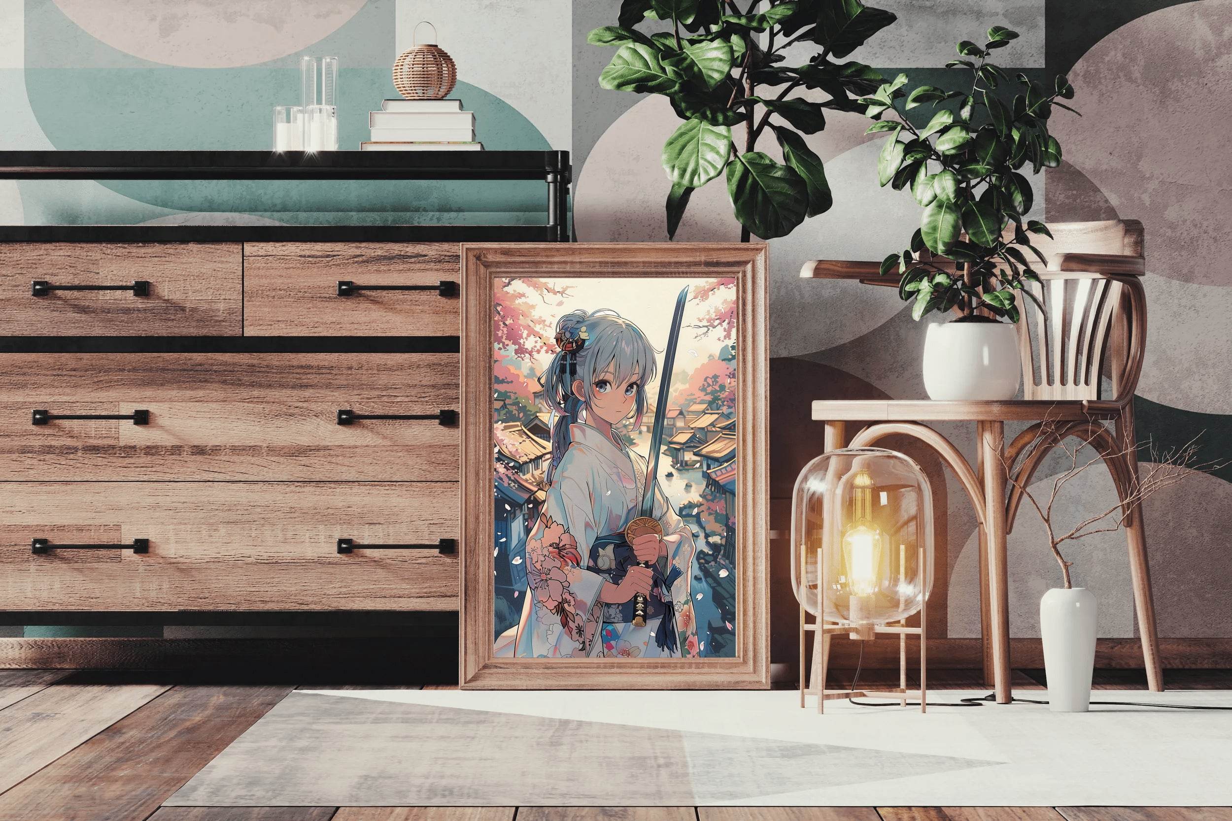 Girl Wearing Kimono Japanese Traditional in Garden Anime Wall Art - beink online art store