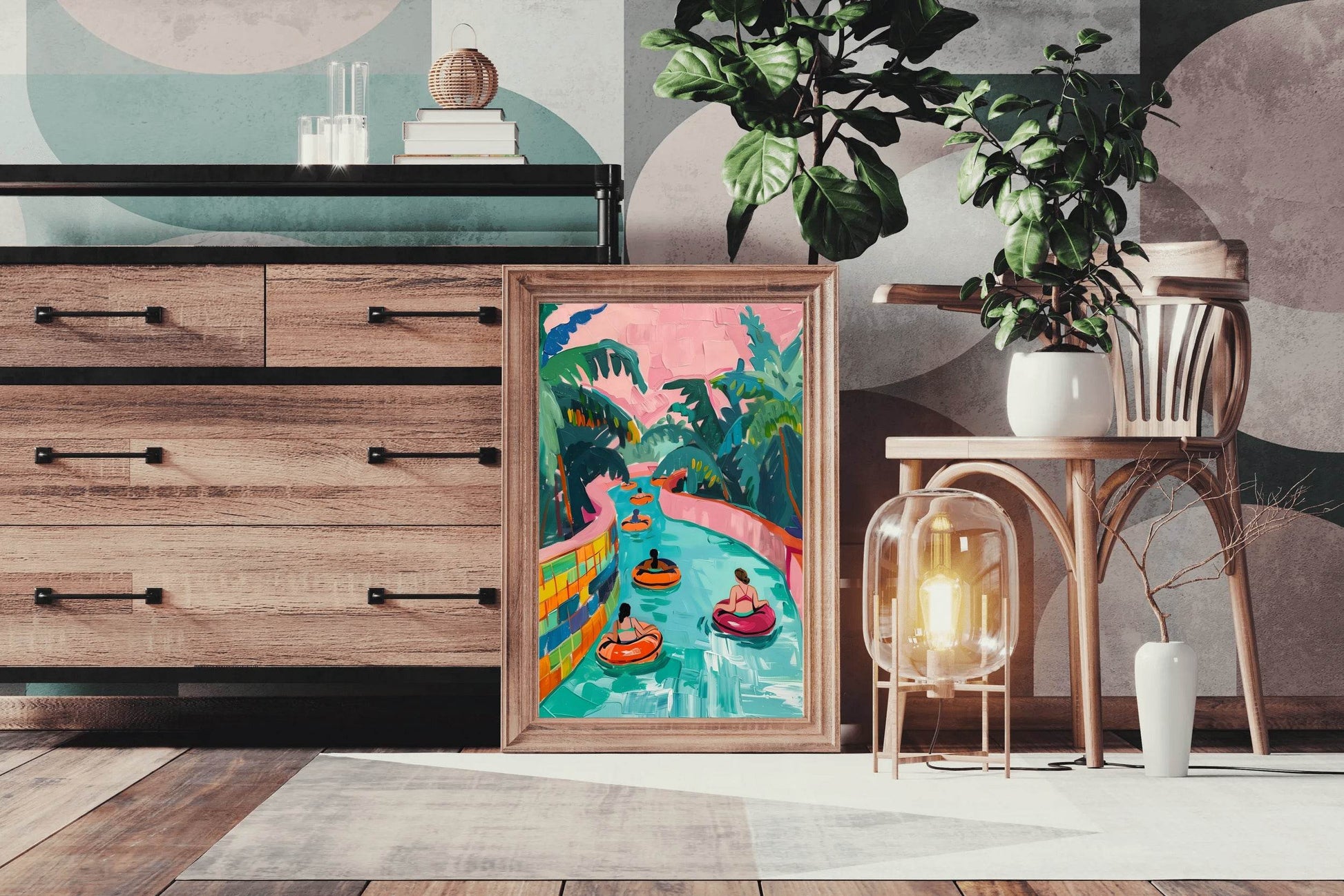 Painting of People in the Water with a Palm Tree Wall Art - beink online art store