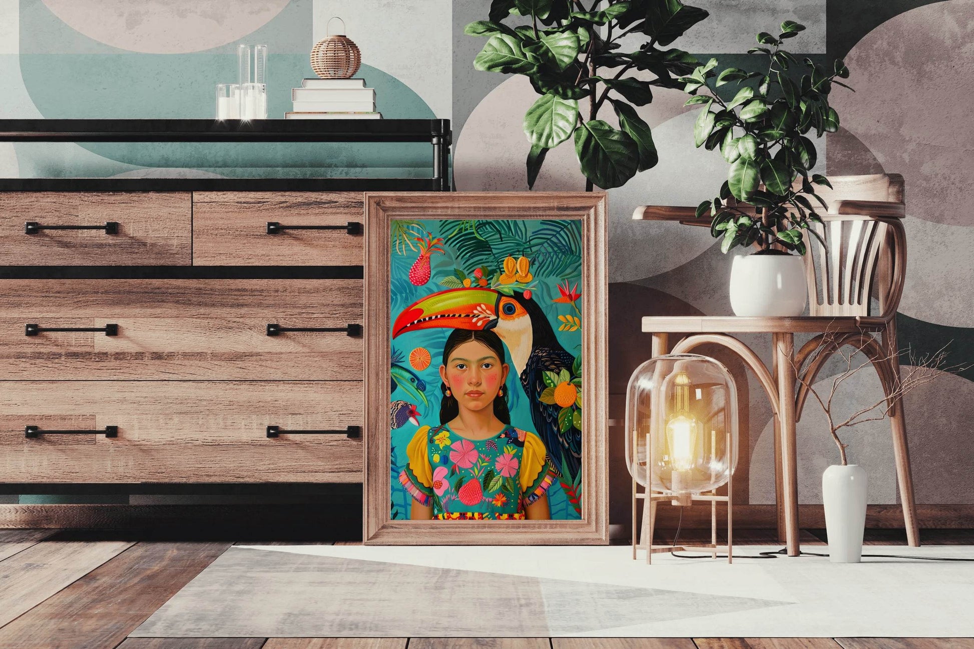 Girl and Macaw in Tropical Rain Forest Art - beink online art store
