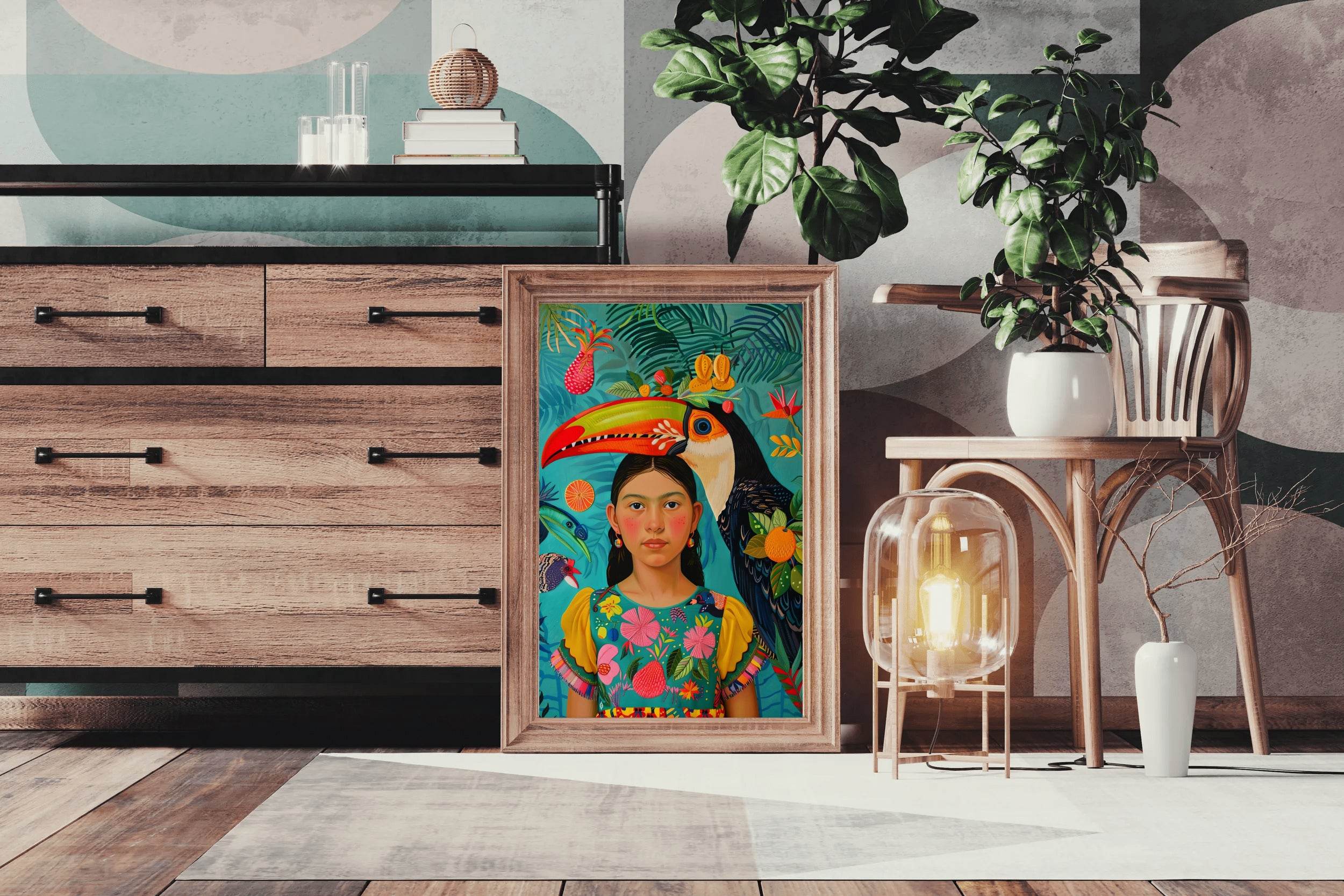 Girl and Macaw in Tropical Rain Forest Art - beink online art store