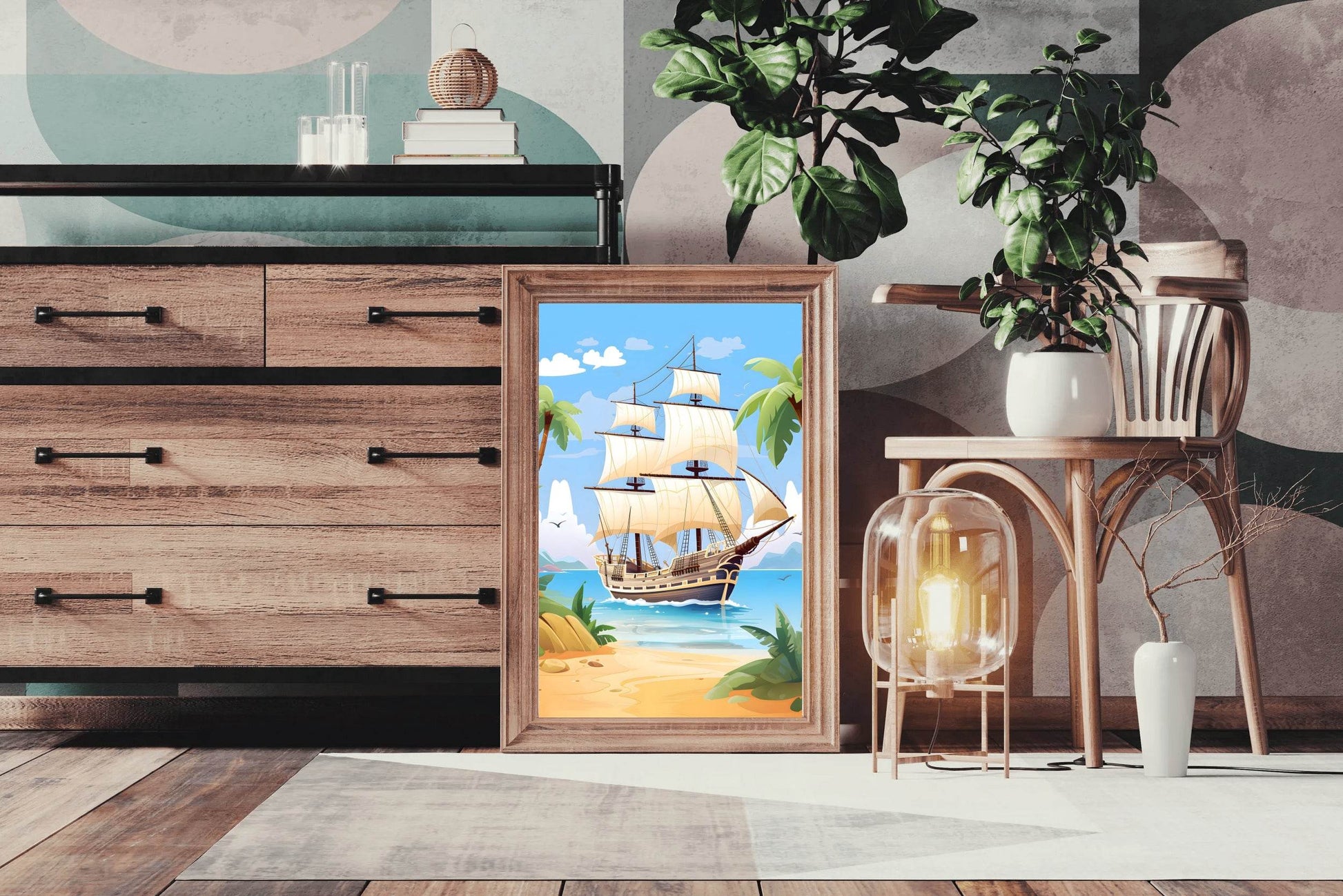 Cartoon Image of Pirates Ship in Sea - beink online art store