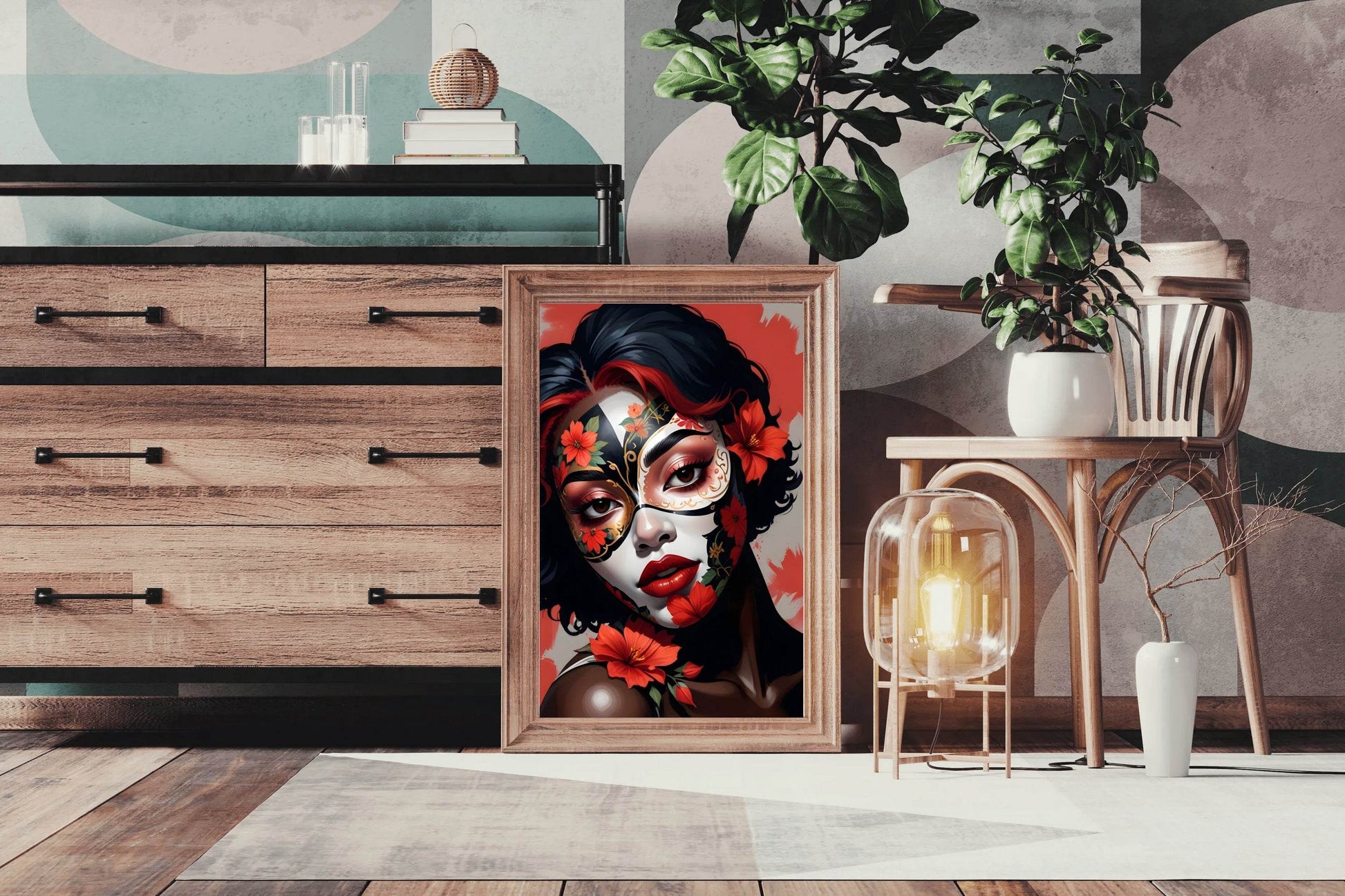 Lady Wearing Flower Mask Wall Art - beink online art store