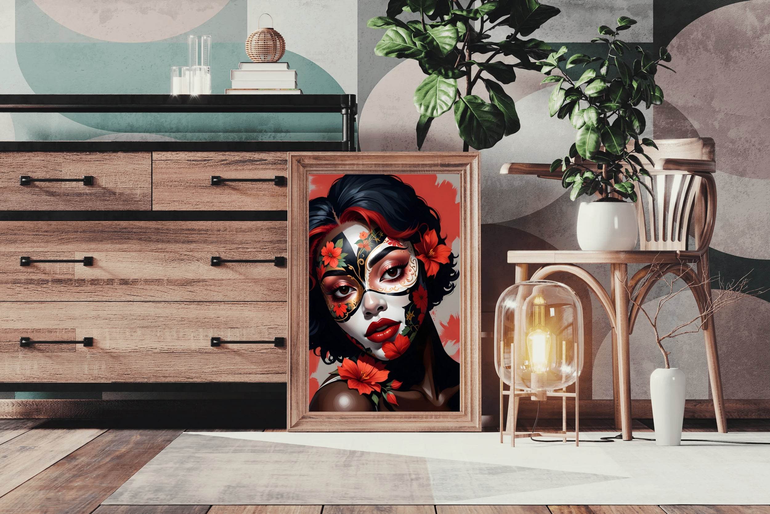 Lady Wearing Flower Mask Wall Art - beink online art store