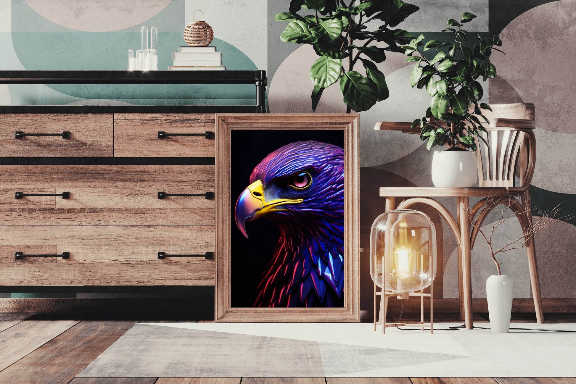 Golden Eagle Painted Blue and Pink Bird Wall Art - beink online art store
