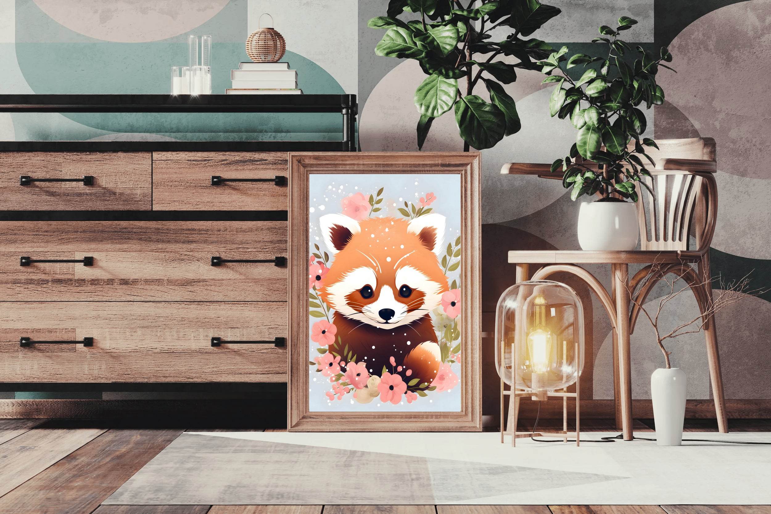 Cute Red Panda Watching the Flowers - beink online art store
