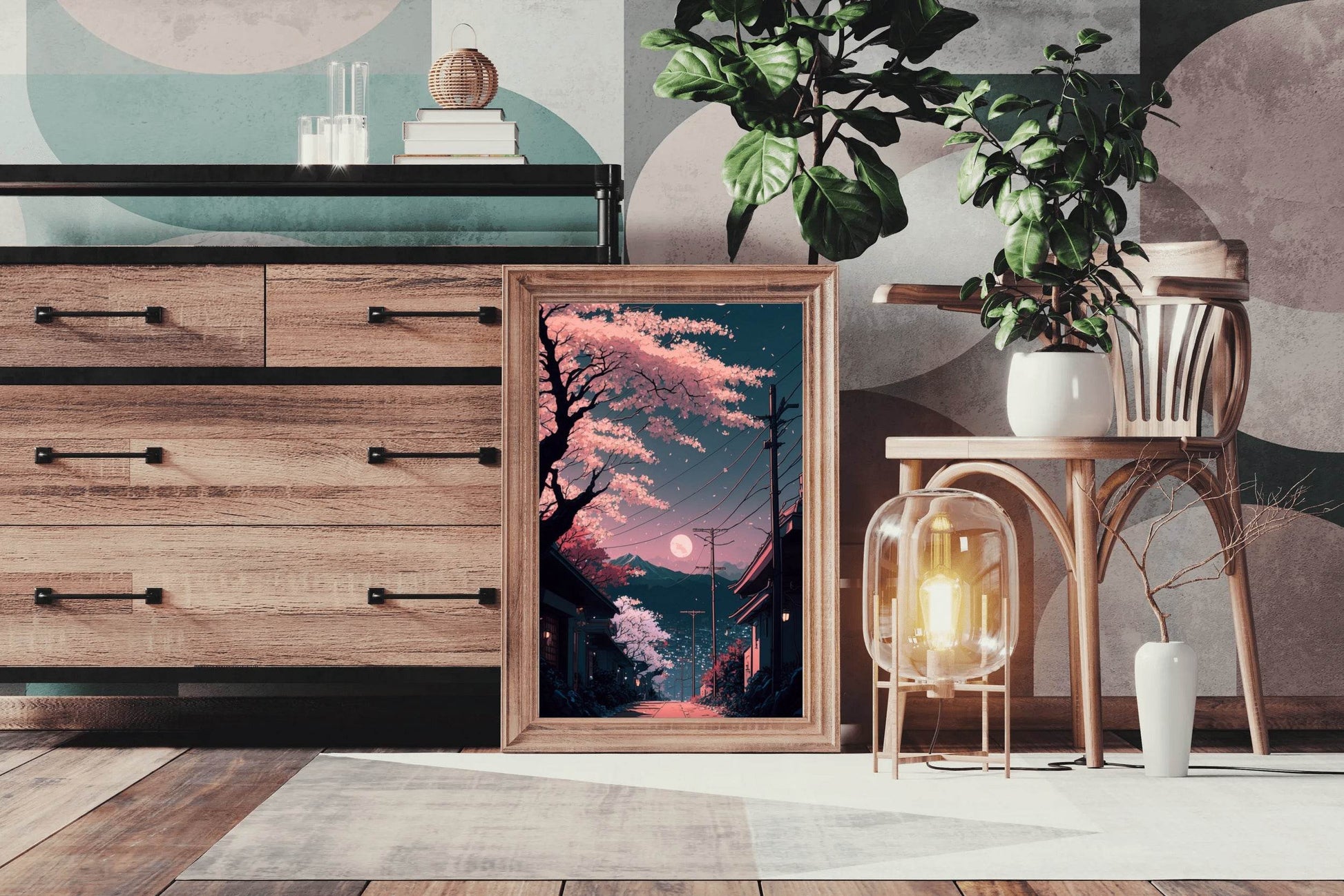 The Moon on The Horizon in Japanese's Town Anime Wall Art - beink online art store