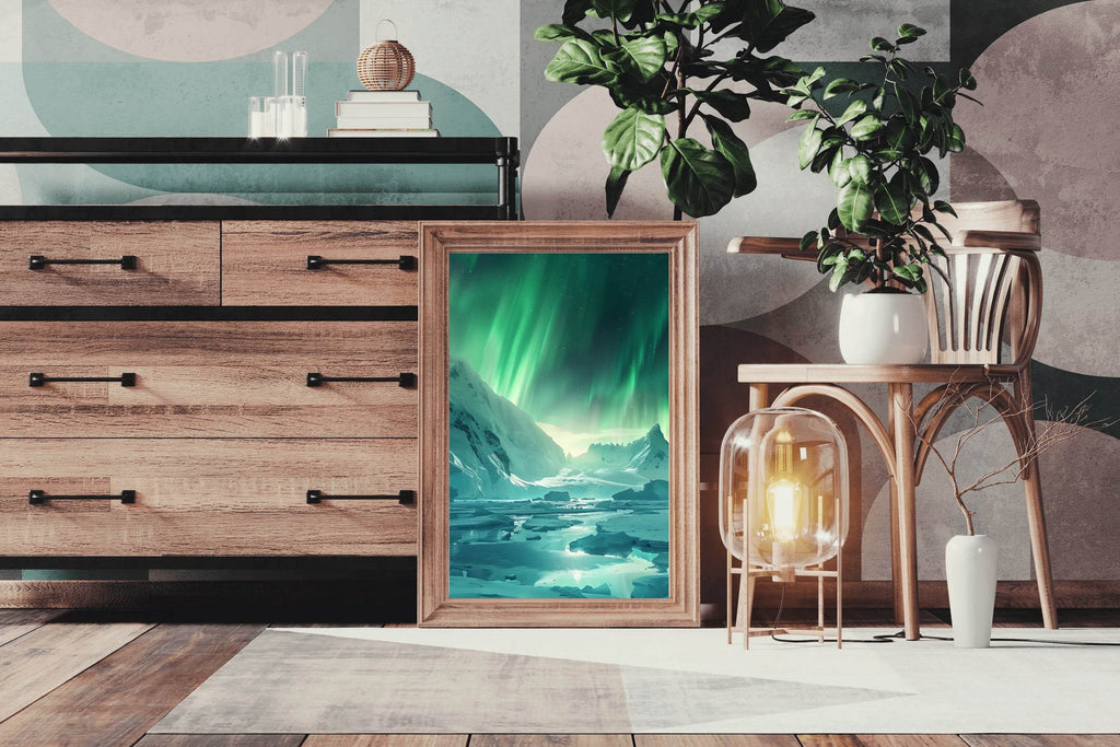 Large Mountain Covered in Snow and Green lights Wall Art - beink online art store