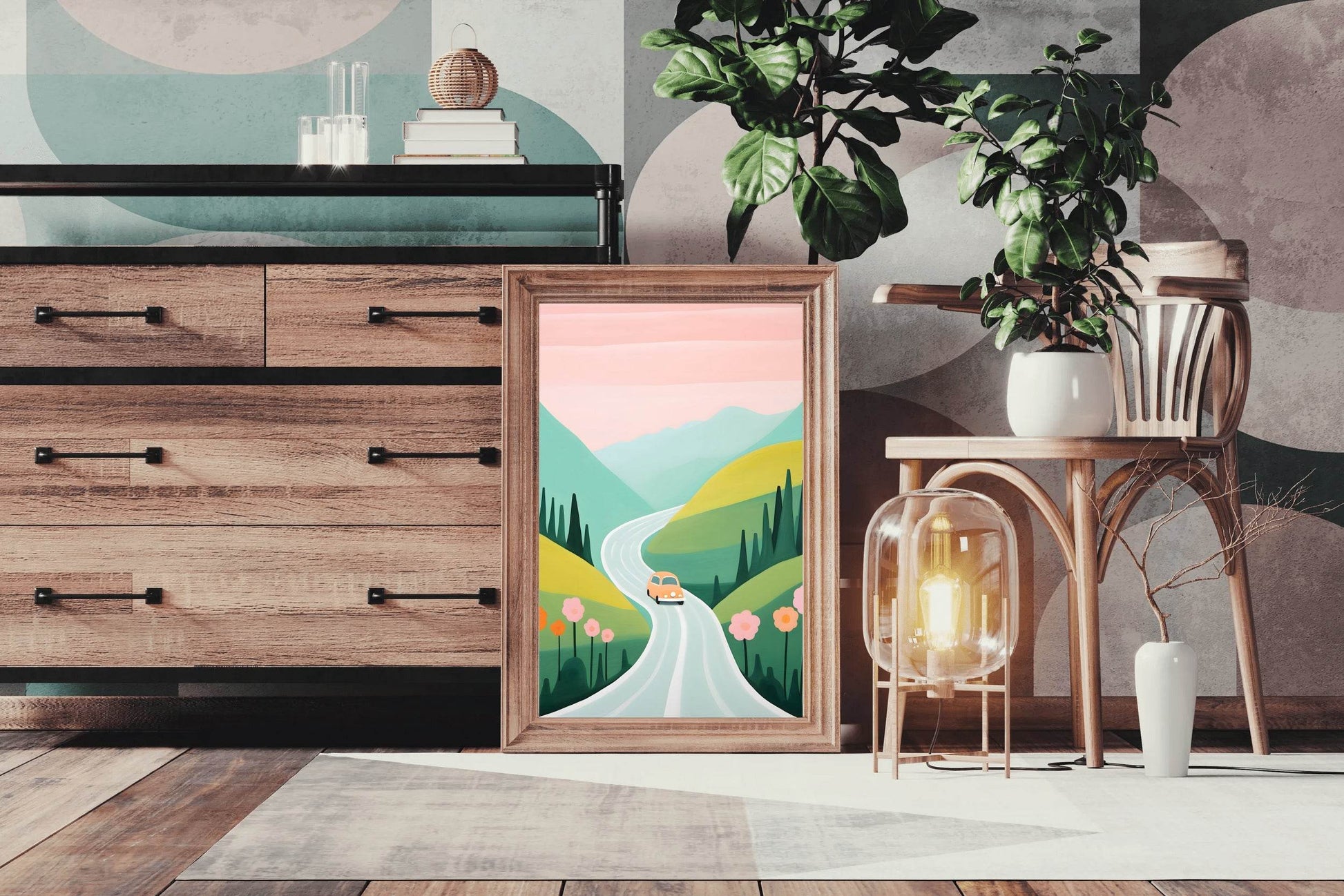 Painting of Pink Car Passing Through the Green Meadows - beink online art store