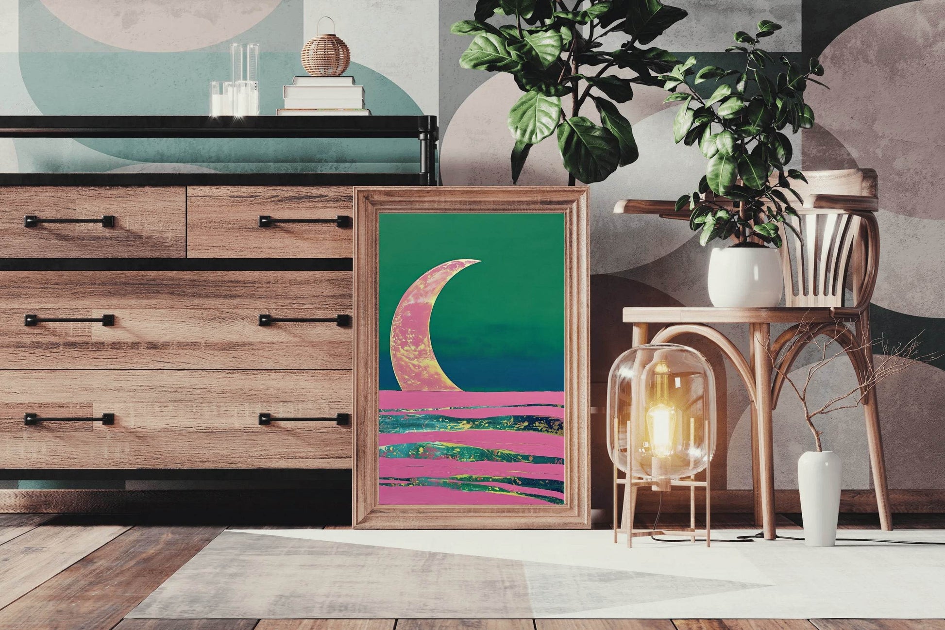 Moon Painting With Green Background Wall Art - beink online art store