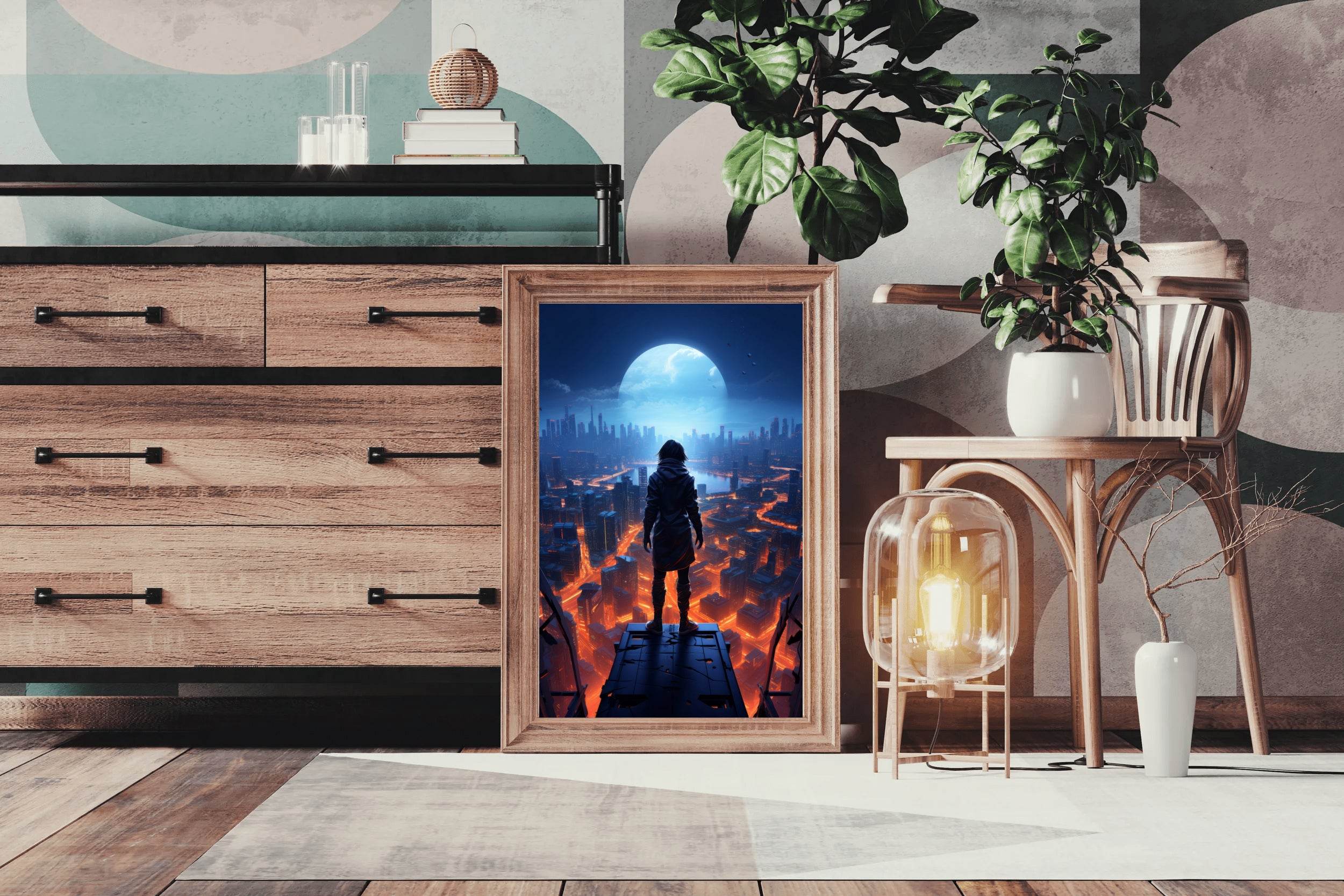 Man Stands On a Ledge Looking At a Cityscape Anime Wall Art - beink online art store