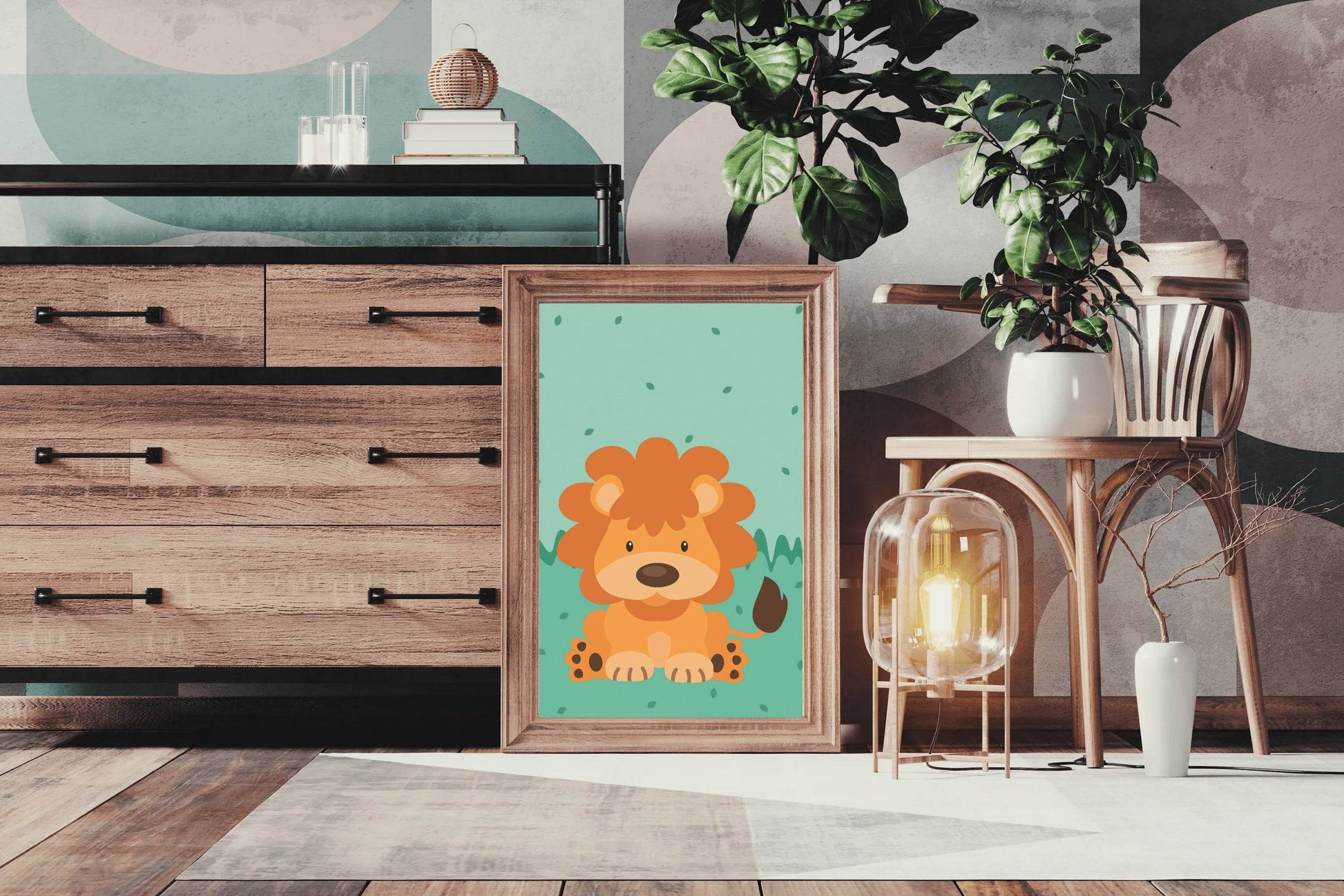 Cartoonish Little Lion Sitting on Grass - beink online art store
