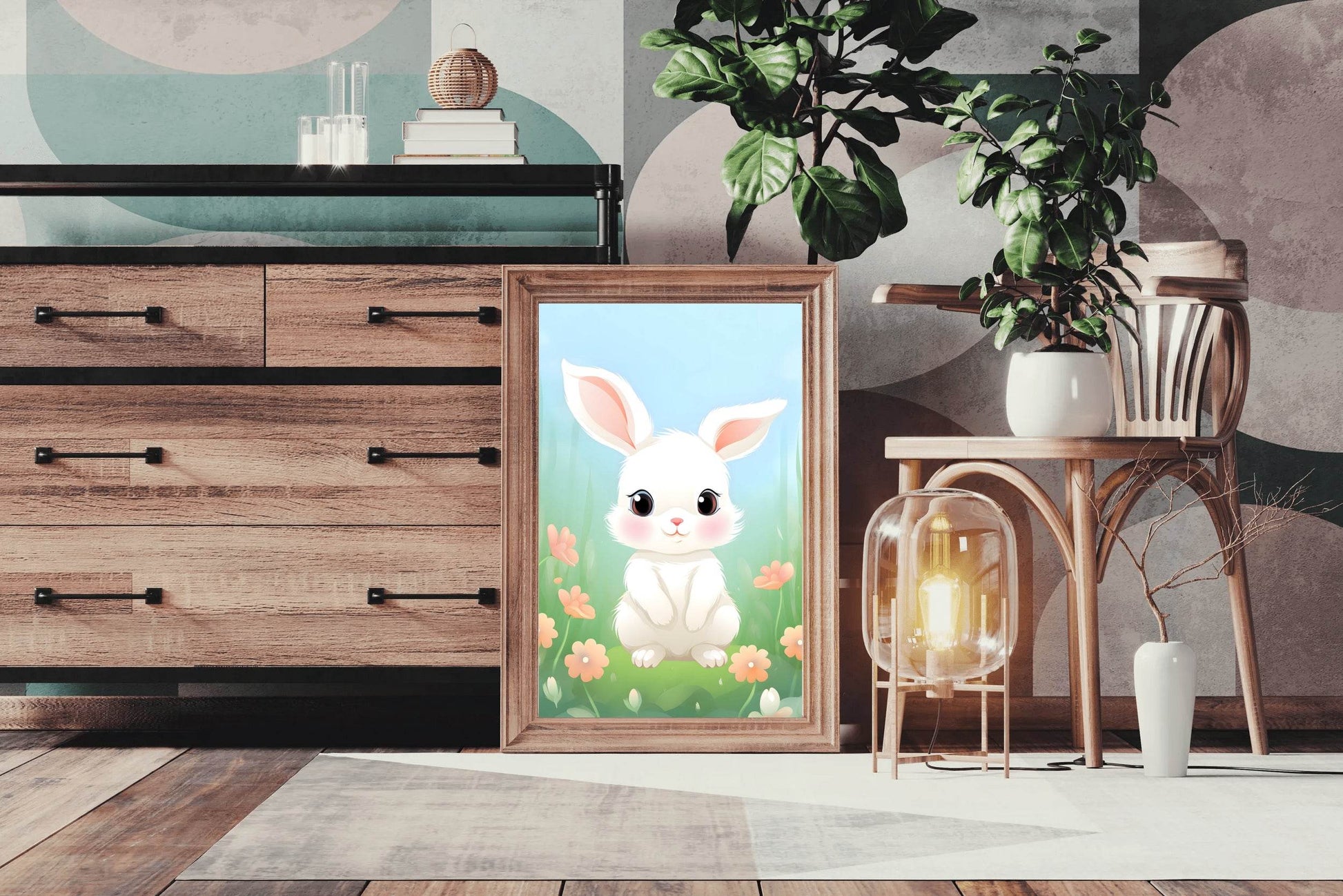 Smiling Cartoonish Bunny in the Garden - beink online art store