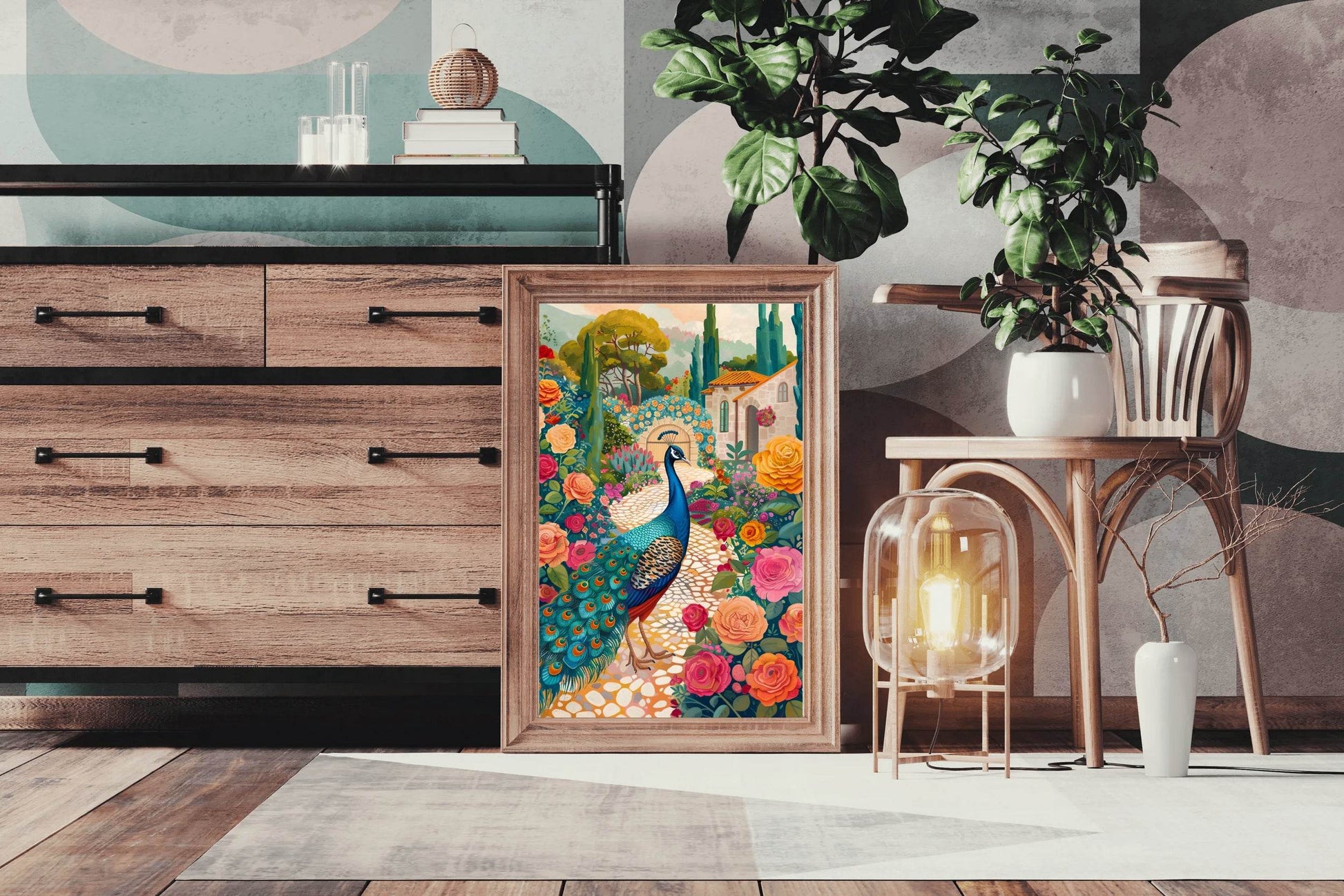 Painting of a Peacock Standing in the Garden - beink online art store