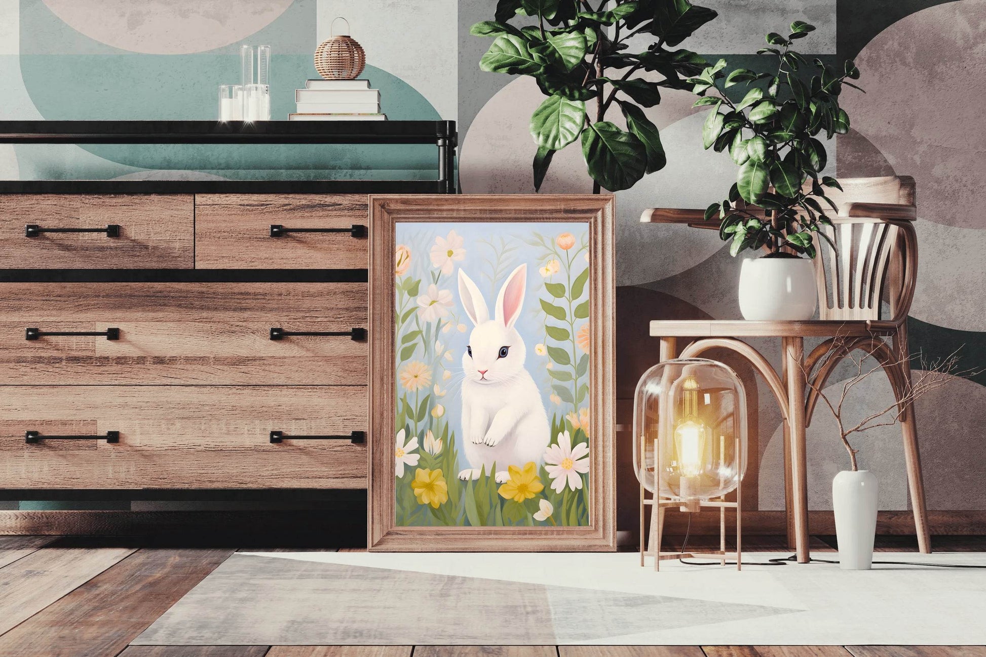 Drawing of Rabbit Sitting on the Grass - beink online art store
