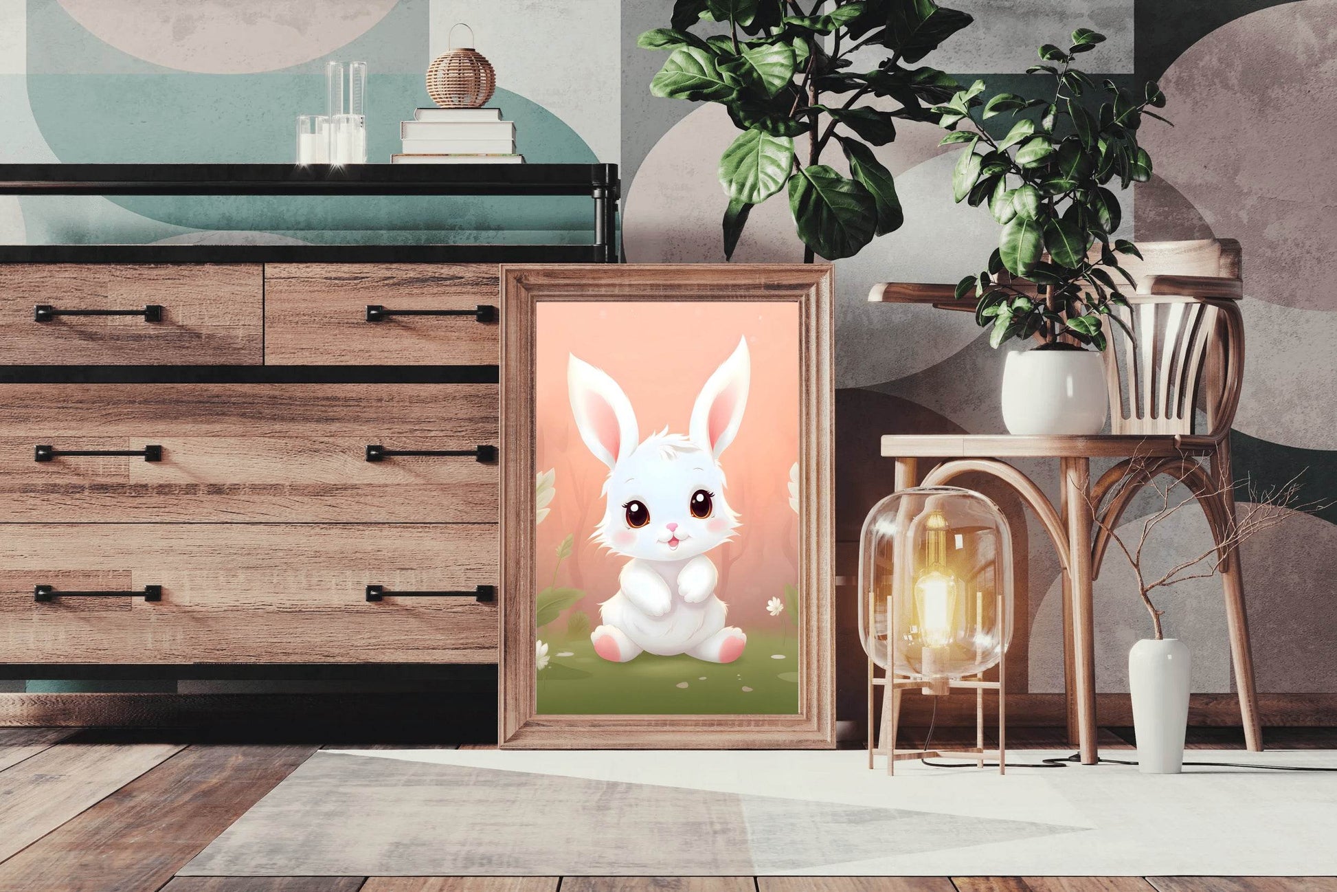 Cute Little White Cartoon Bunny Sitting on the Grass - beink online art store