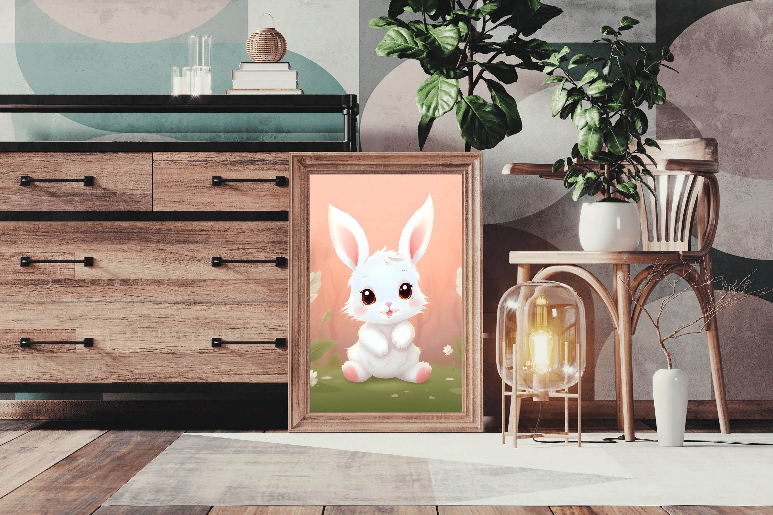 Cute Little White Cartoon Bunny Sitting on the Grass - beink online art store